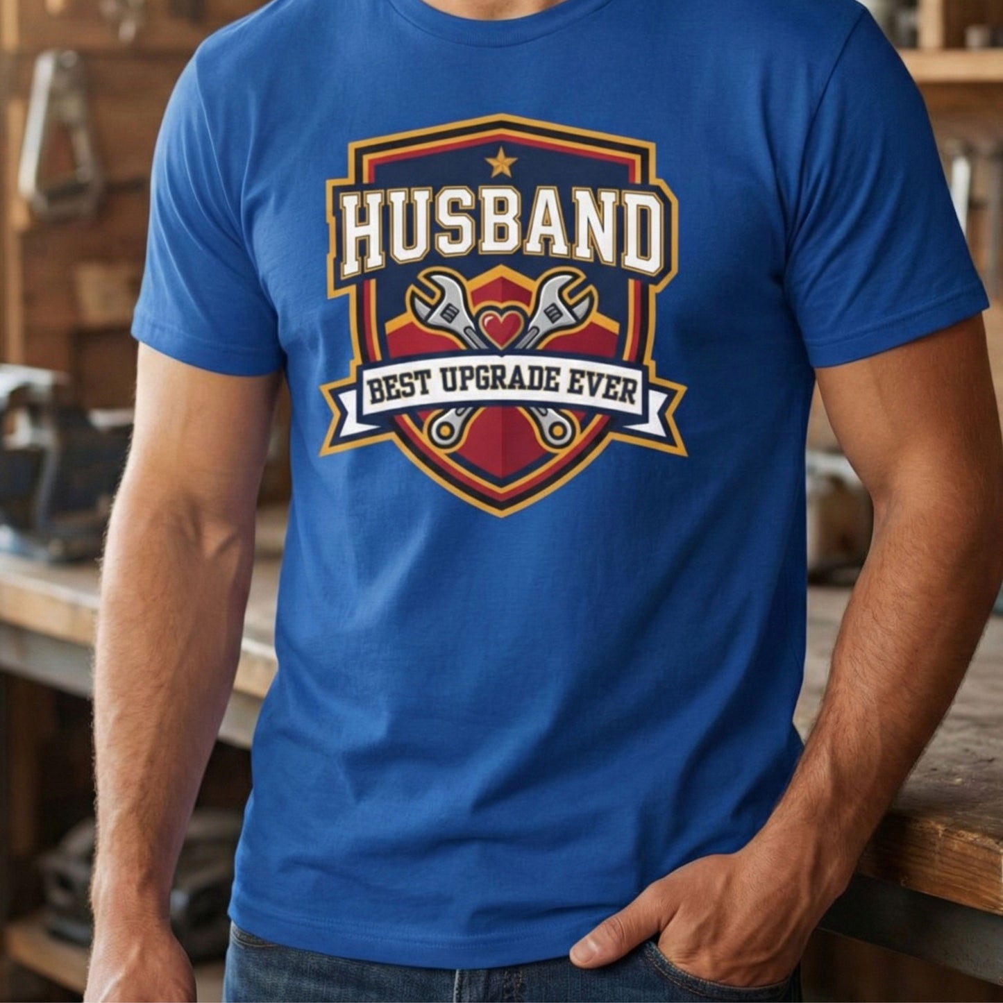 Person wearing a blue t-shirt with 'Husband Best Upgrade Ever' graphic design.