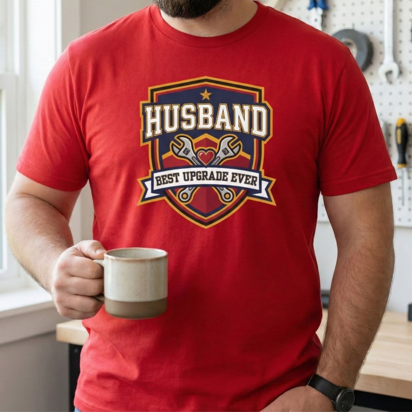 Person wearing a red t-shirt with 'Husband Best Upgrade Ever' design, holding a mug.