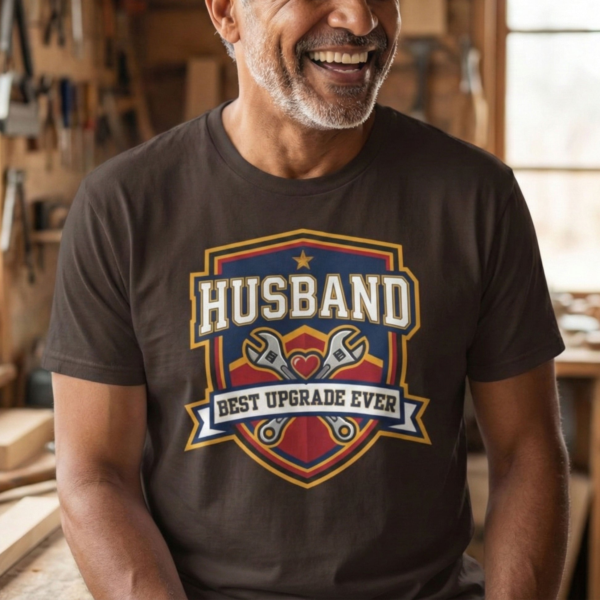 Man wearing a t-shirt with 'Husband Best Upgrade Ever' design in a workshop.