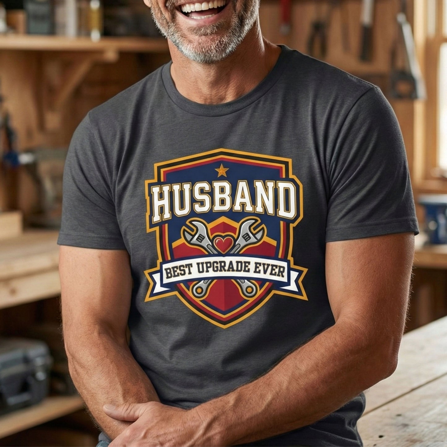 Man wearing a t-shirt with 'Husband Best Upgrade Ever' design in a workshop setting