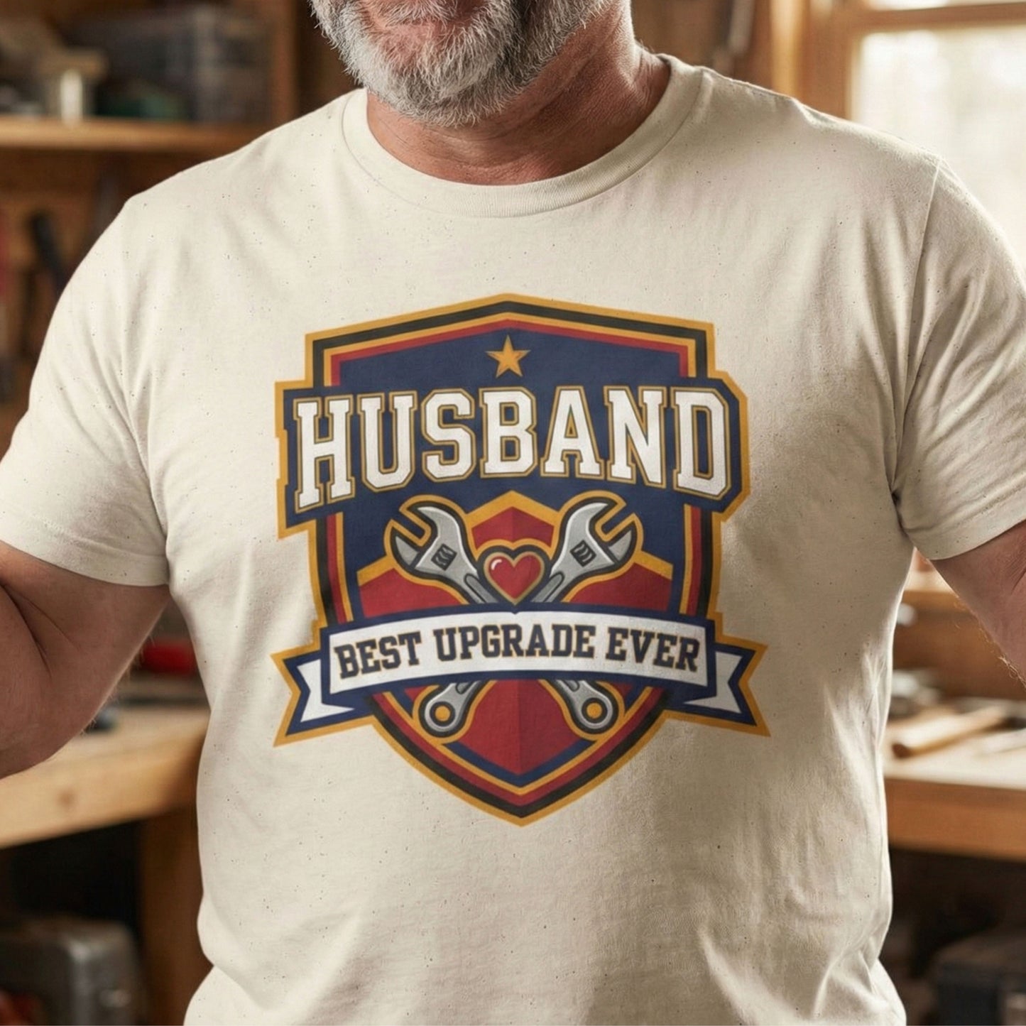 Man wearing a t-shirt with 'Husband Best Upgrade Ever' graphic design.
