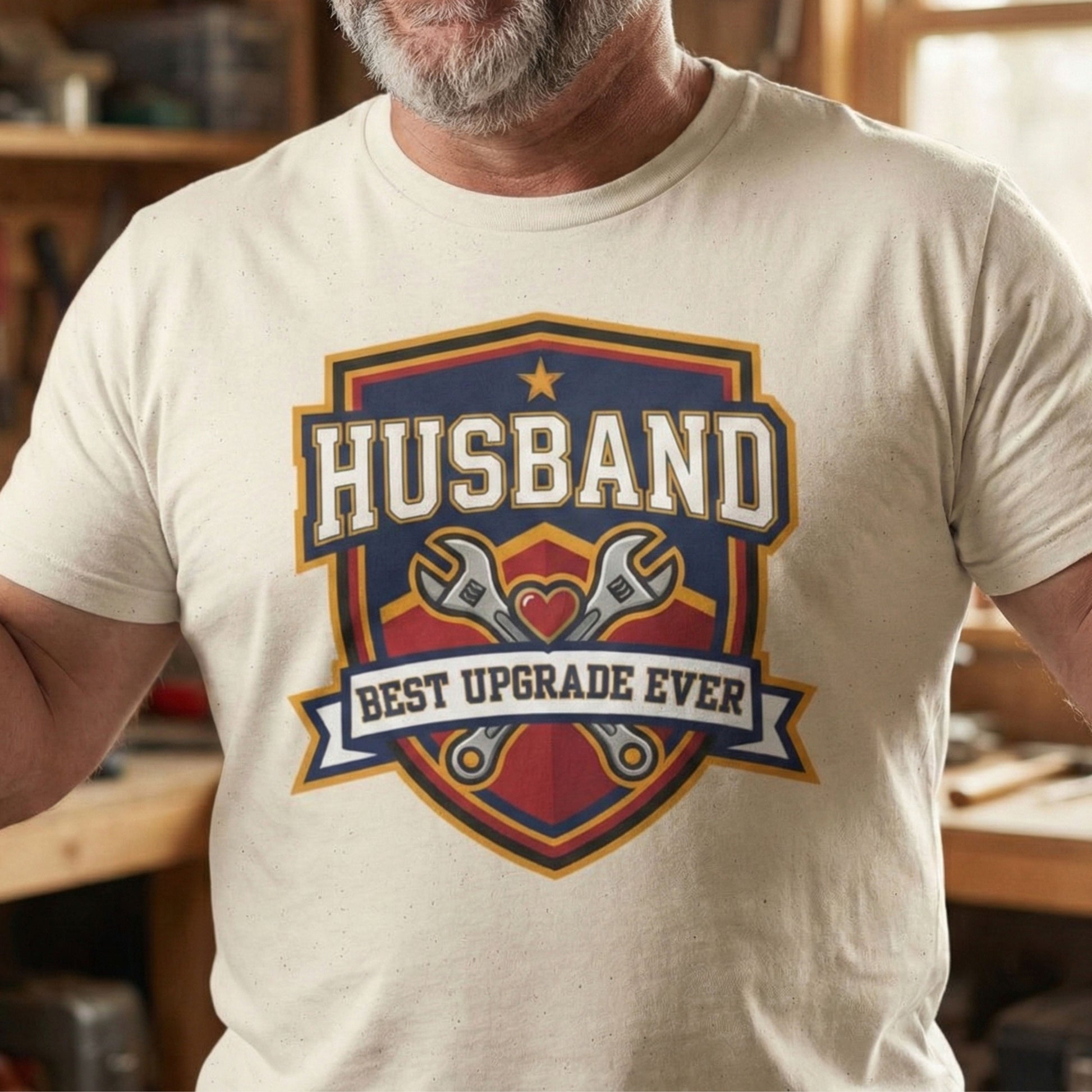 Man wearing a t-shirt with 'Husband Best Upgrade Ever' graphic design.