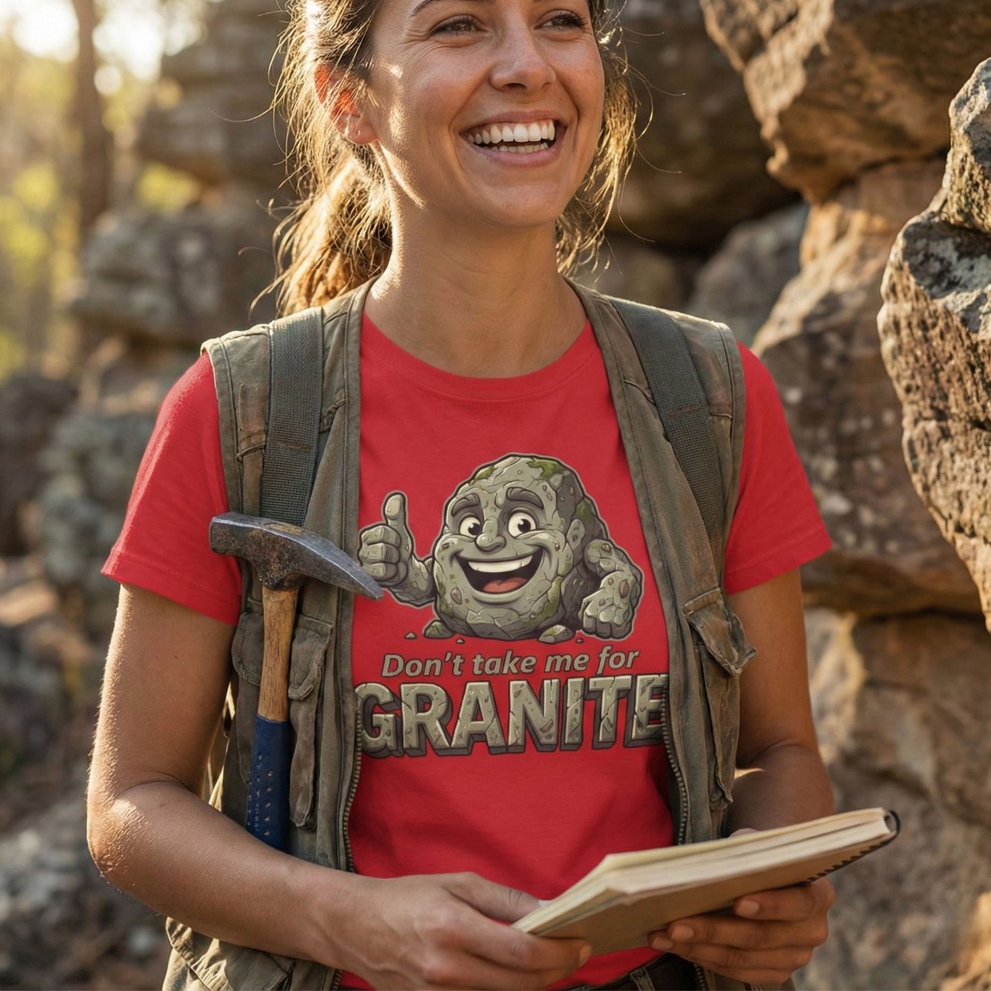Woman in a red t-shirt with a cartoon character and text, standing in a rocky outdoor setting.