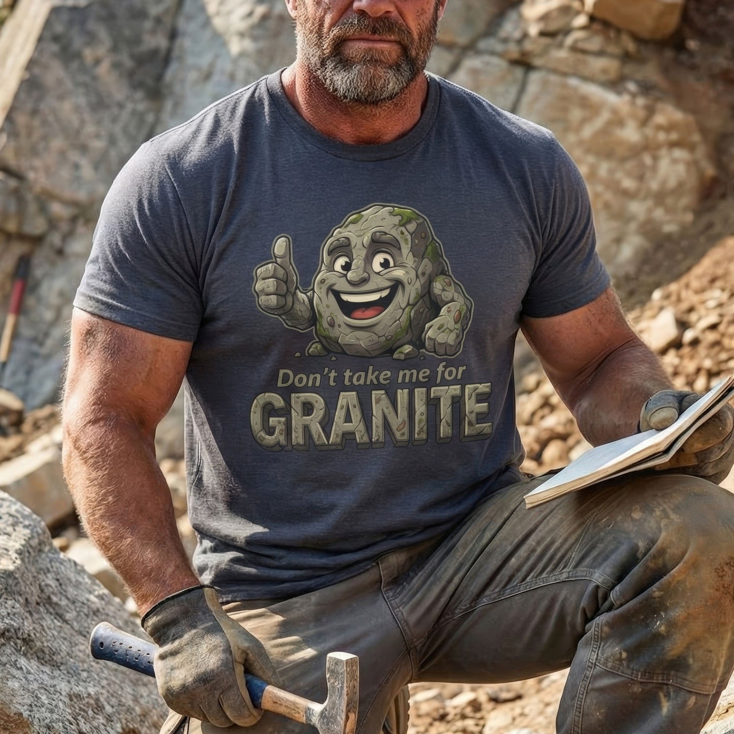 Man wearing a t-shirt with a cartoon rock character and text, sitting on rocks.