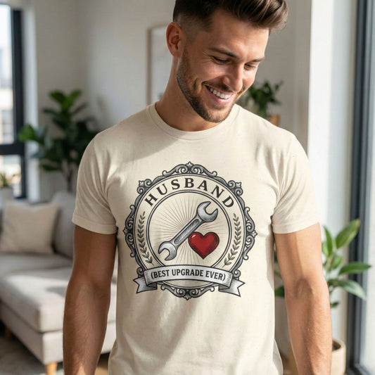 Man wearing a t-shirt with 'Husband (Best Upgrade Ever)' design in a living room.