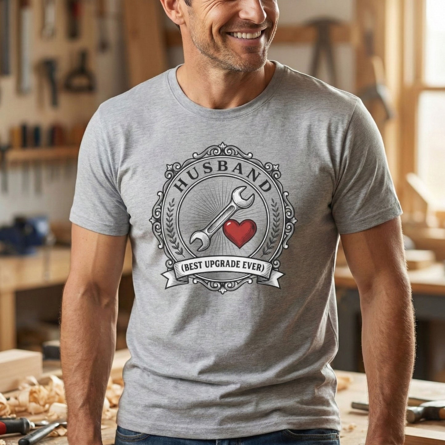 Man wearing a gray t-shirt with a graphic design in a workshop setting