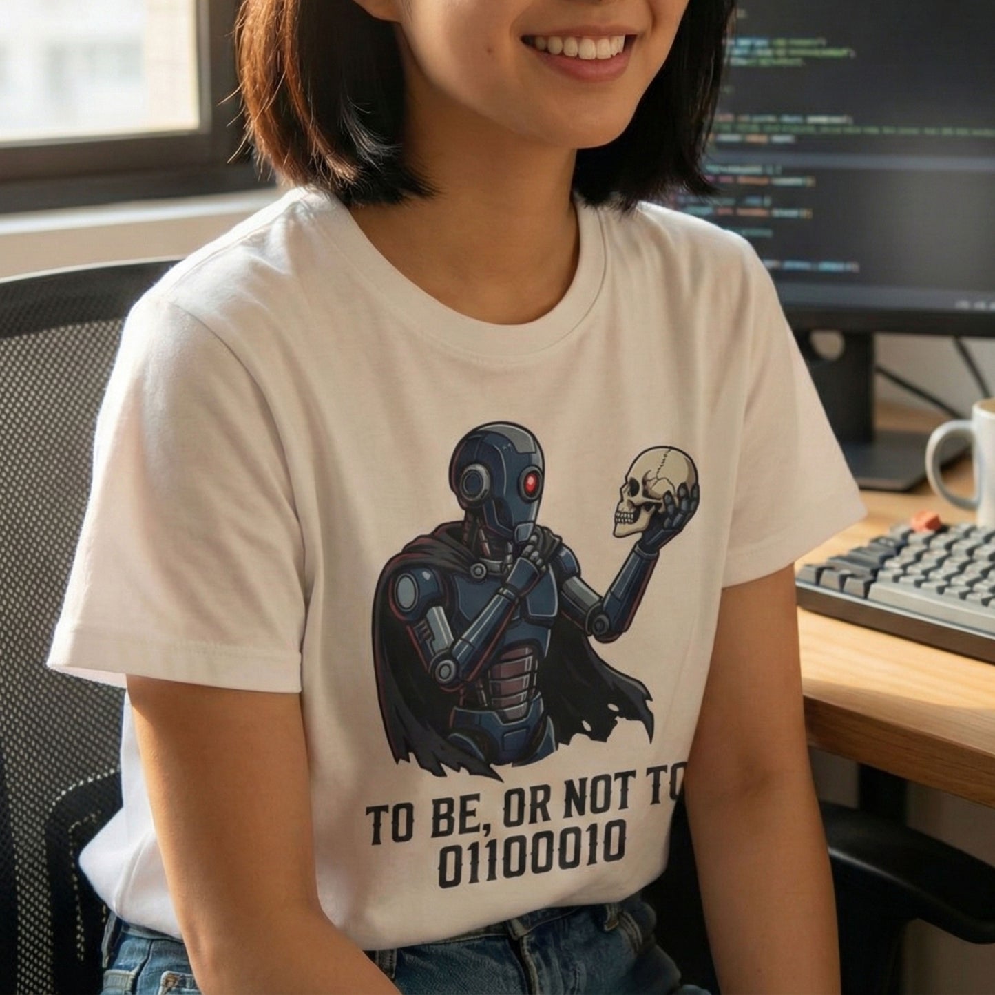 Person wearing a t-shirt with a robot and skull design in an office setting
