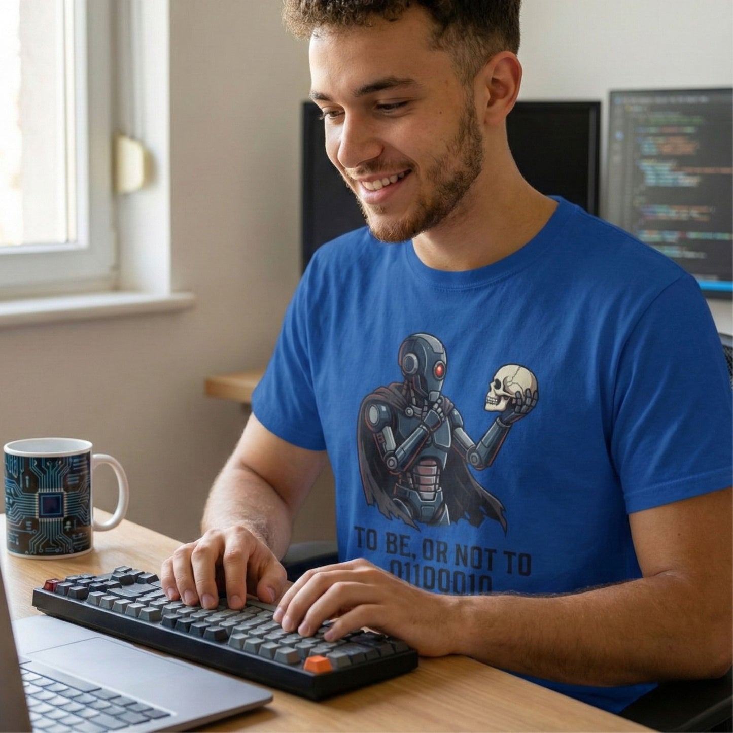 Man wearing a blue t-shirt with a robot and skull design, sitting at a desk using a computer.