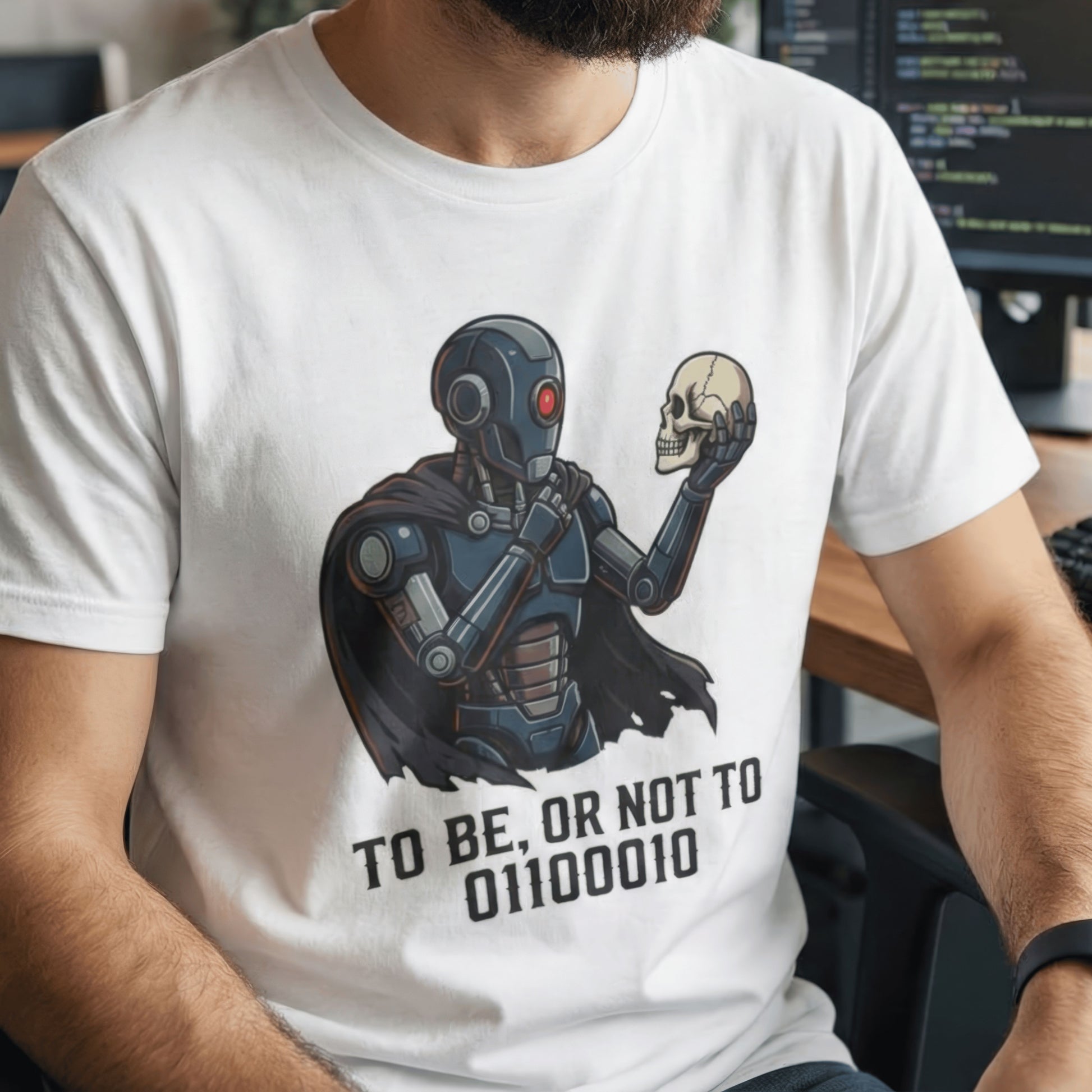 Person wearing a white t-shirt with a robot and skull design and text.