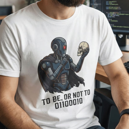 Person wearing a white t-shirt with a robot and skull design and text.