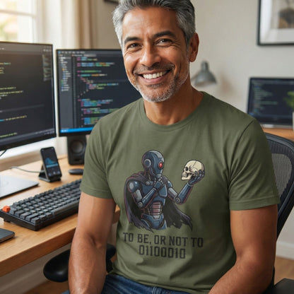 Man wearing a green t-shirt with a robot and skull design in a home office setting.