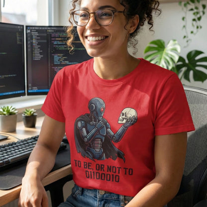 Person wearing a red t-shirt with a robot and skull design in an office setting