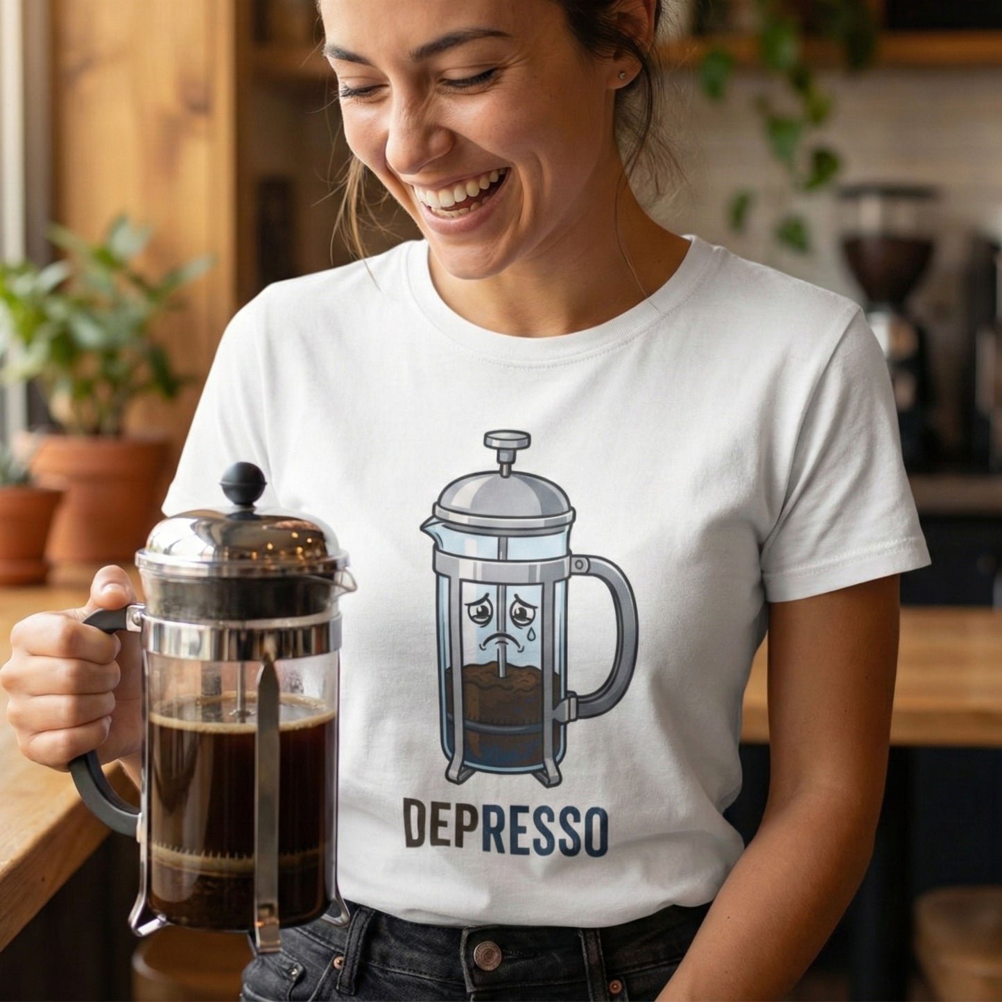 Person wearing a t-shirt with a coffee-themed design holding a French press.