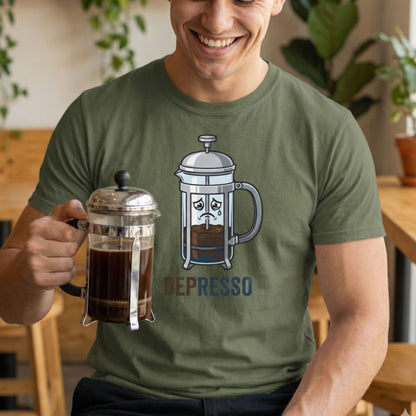Person wearing a green t-shirt with a coffee-themed graphic and the word 'DEPRESSEO'.