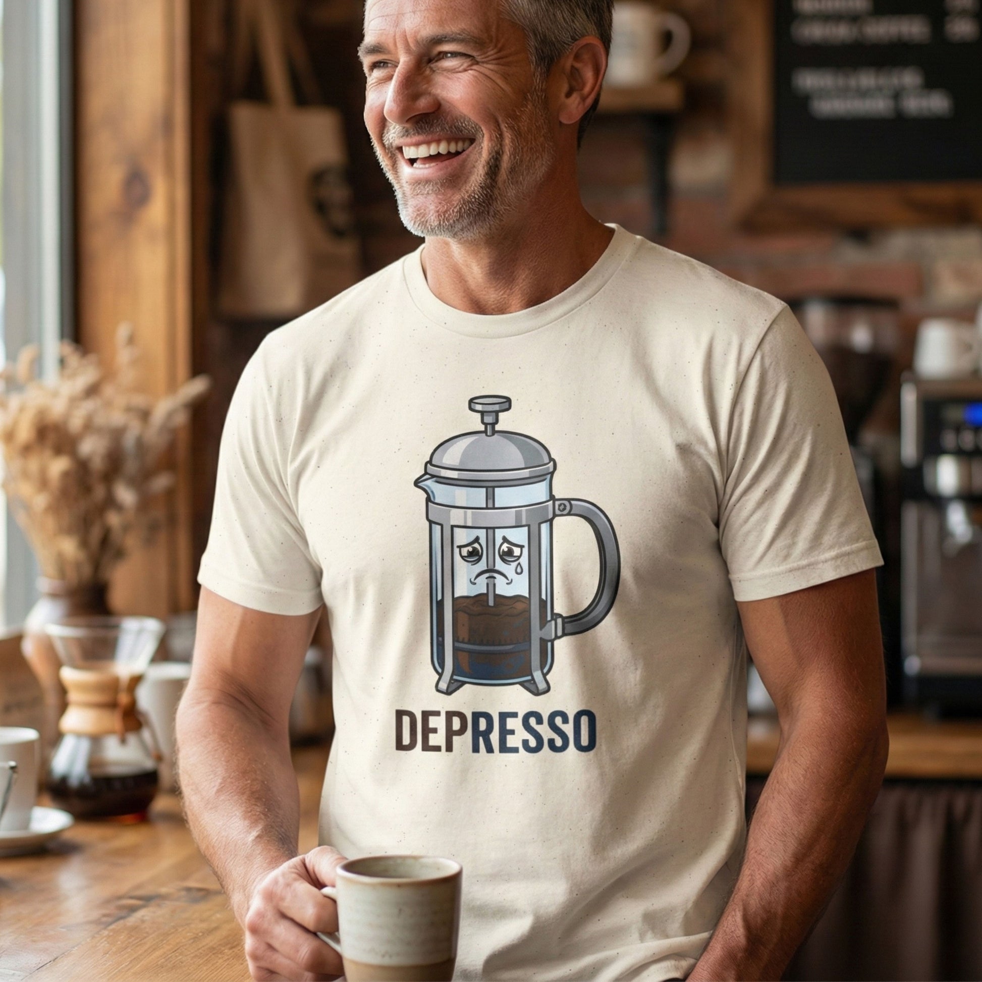 Man wearing a t-shirt with a coffee-themed graphic and the word 'DEPRESSO' in a coffee shop.