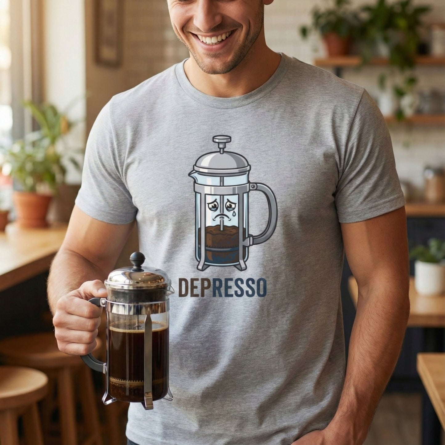 Man wearing a t-shirt with a coffee-themed design holding a French press in a cafe.