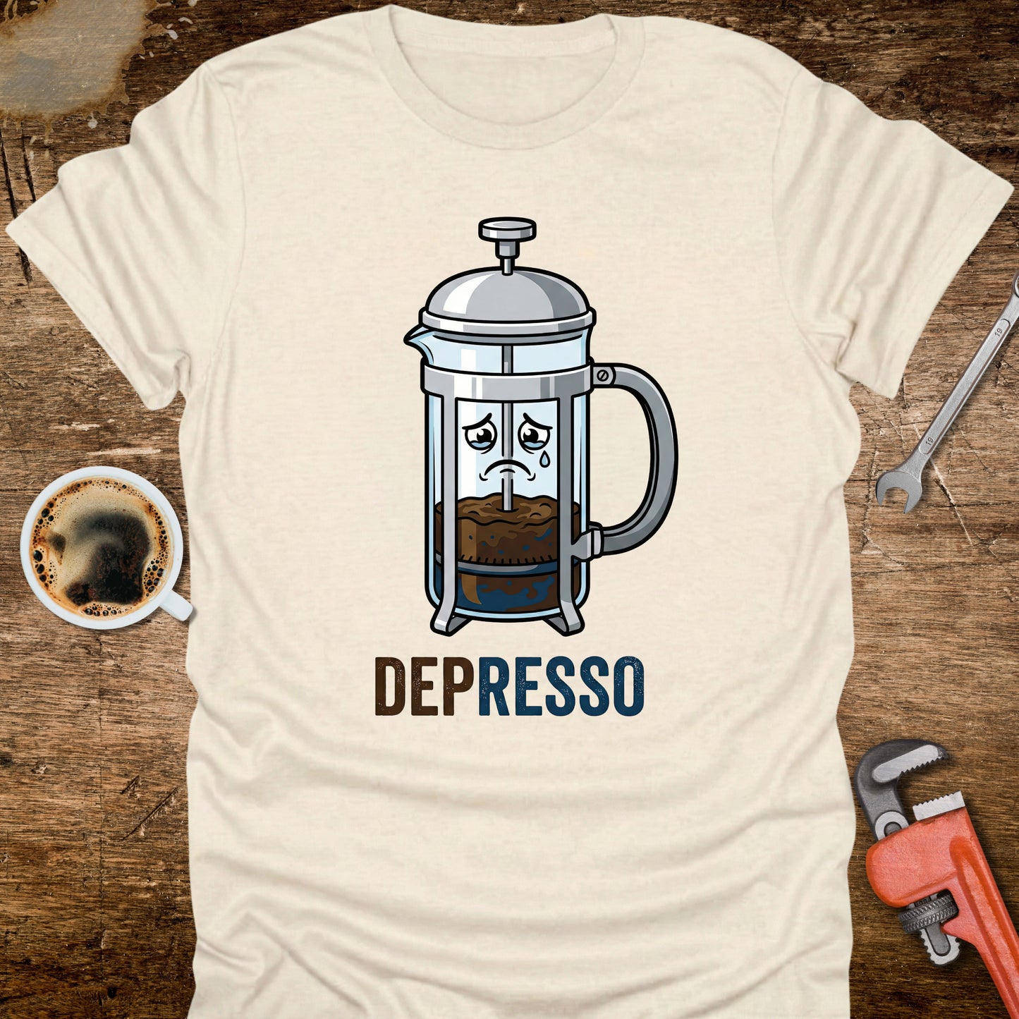 Beige t-shirt with a coffee-themed graphic and 'DEPRESO' text on a wooden surface.
