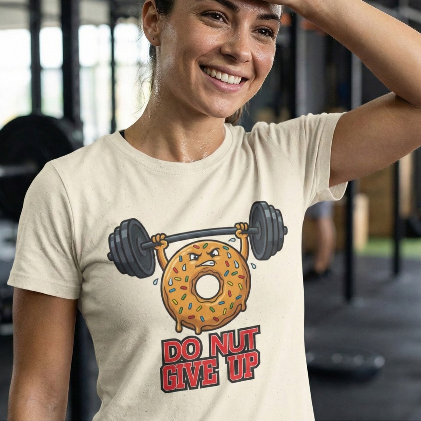 Person wearing a t-shirt with a donut lifting weights graphic and 'Do Not Give Up' text in a gym setting.