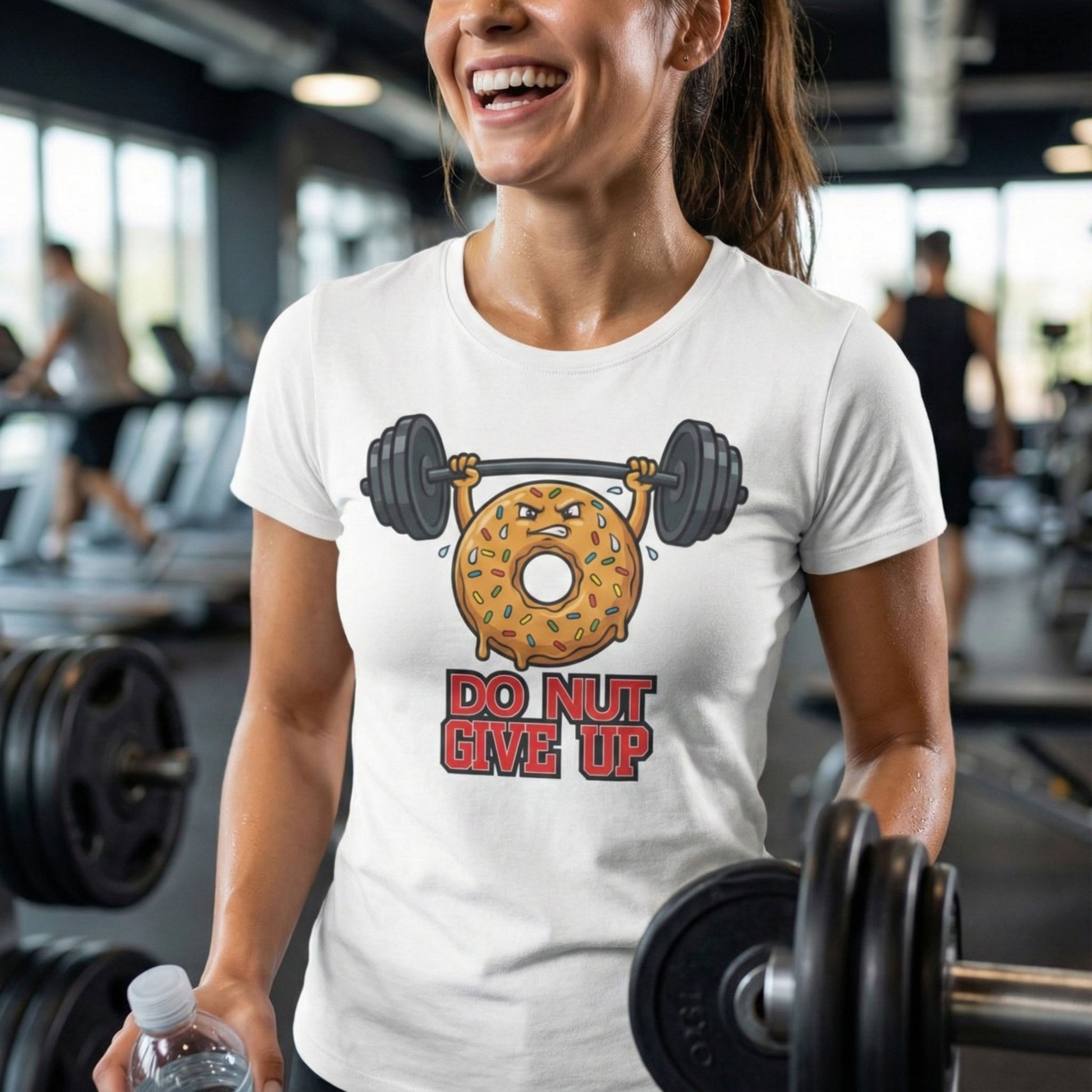 Woman in a gym wearing a t-shirt with a donut and barbell graphic and 'Do Nut Give Up' text.