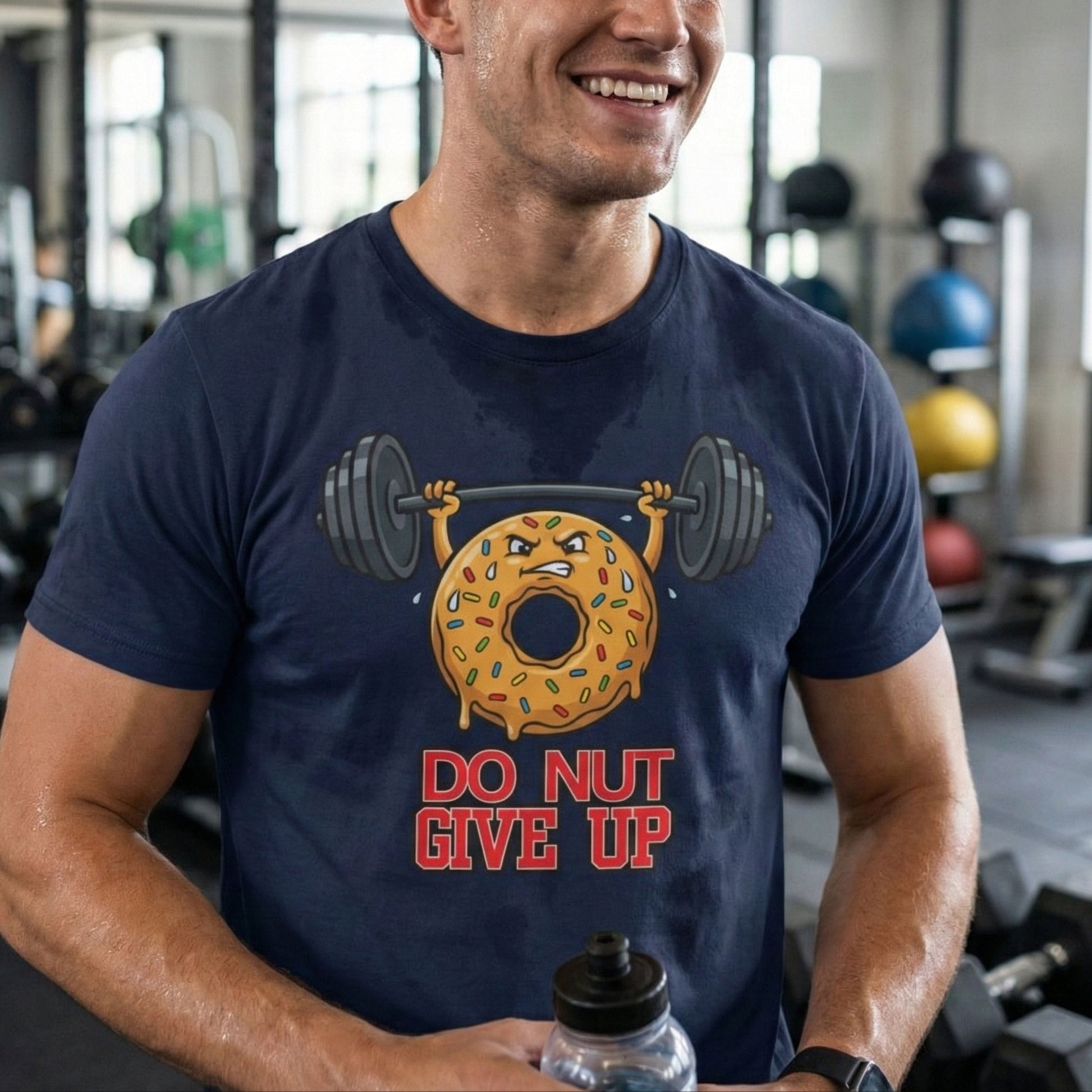 Man in a gym wearing a navy blue t-shirt with a donut and barbell graphic and text.