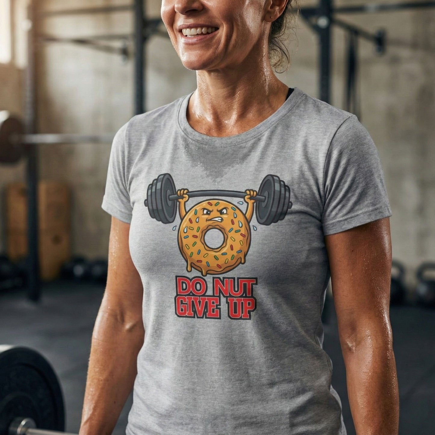 Person wearing a gray t-shirt with a donut lifting weights graphic and 'Do Not Give Up' text in a gym setting.