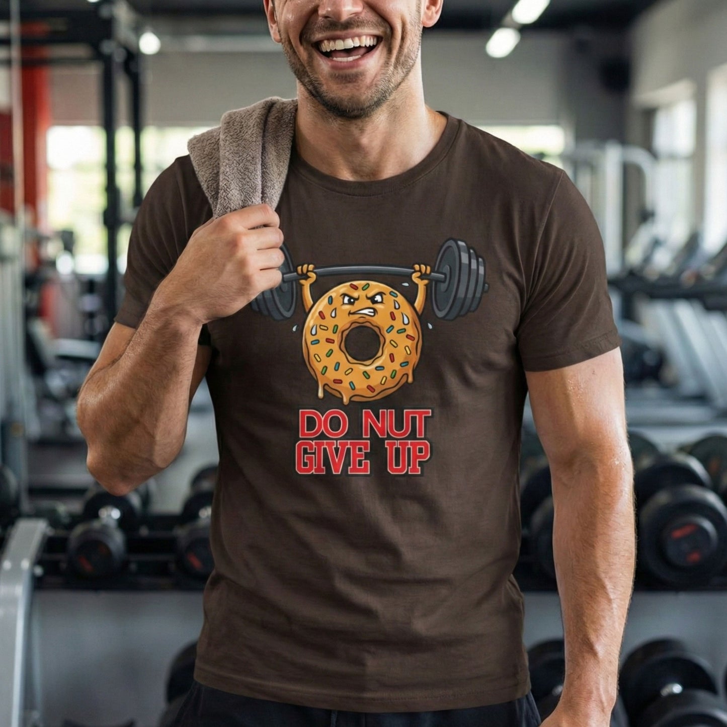 Man wearing a brown t-shirt with a donut lifting weights graphic and 'Do Not Give Up' text in a gym.