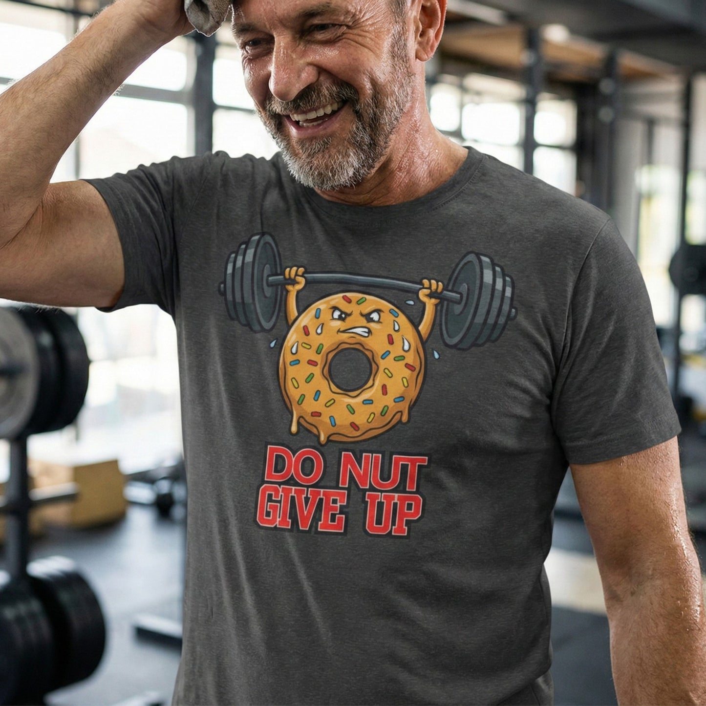 Man in a gym wearing a t-shirt with a donut and barbell graphic and text 'DO NUT GIVE UP'.