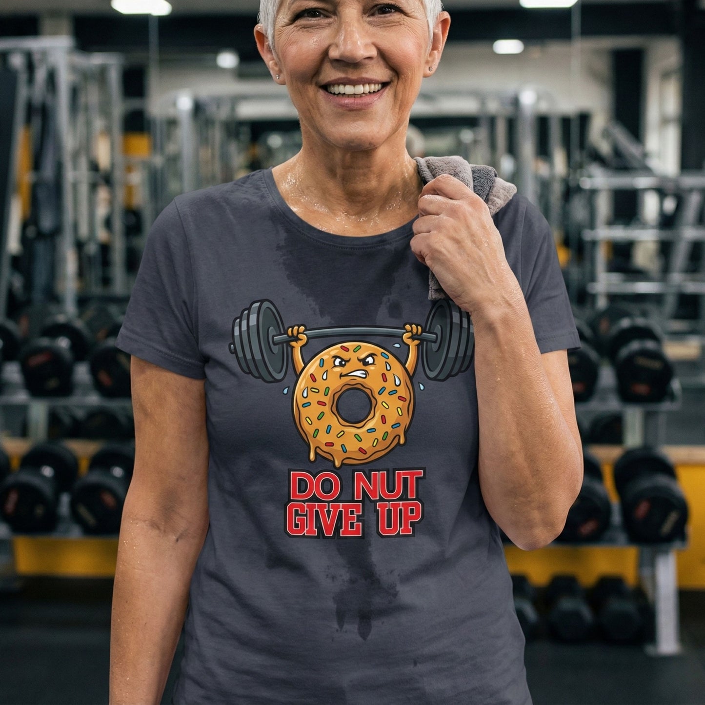 Woman wearing a t-shirt with a donut lifting weights graphic and text 'DO NUT GIVE UP' in a gym.