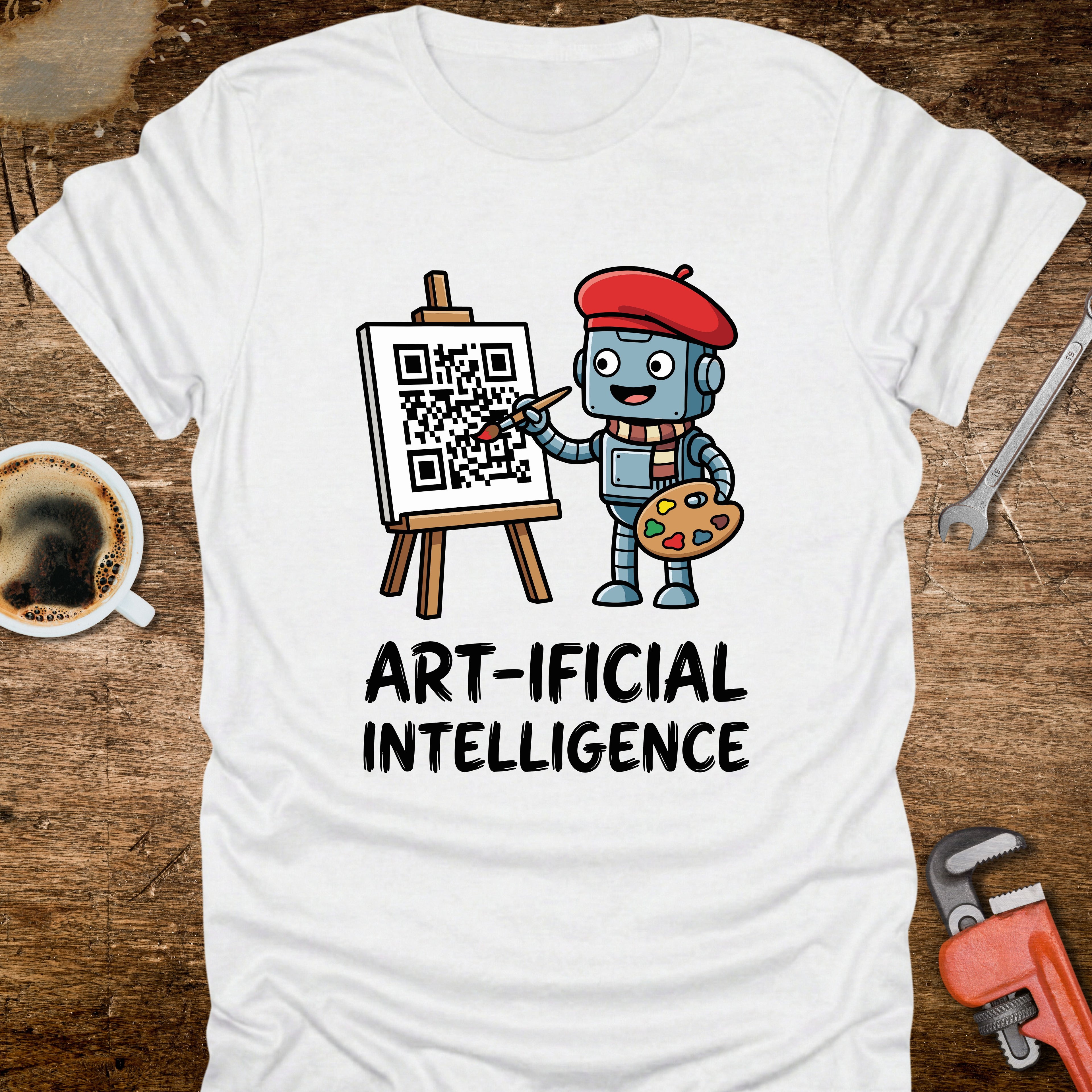 Art-ificial Intelligence T-Shirt - flat lay mockup on white background