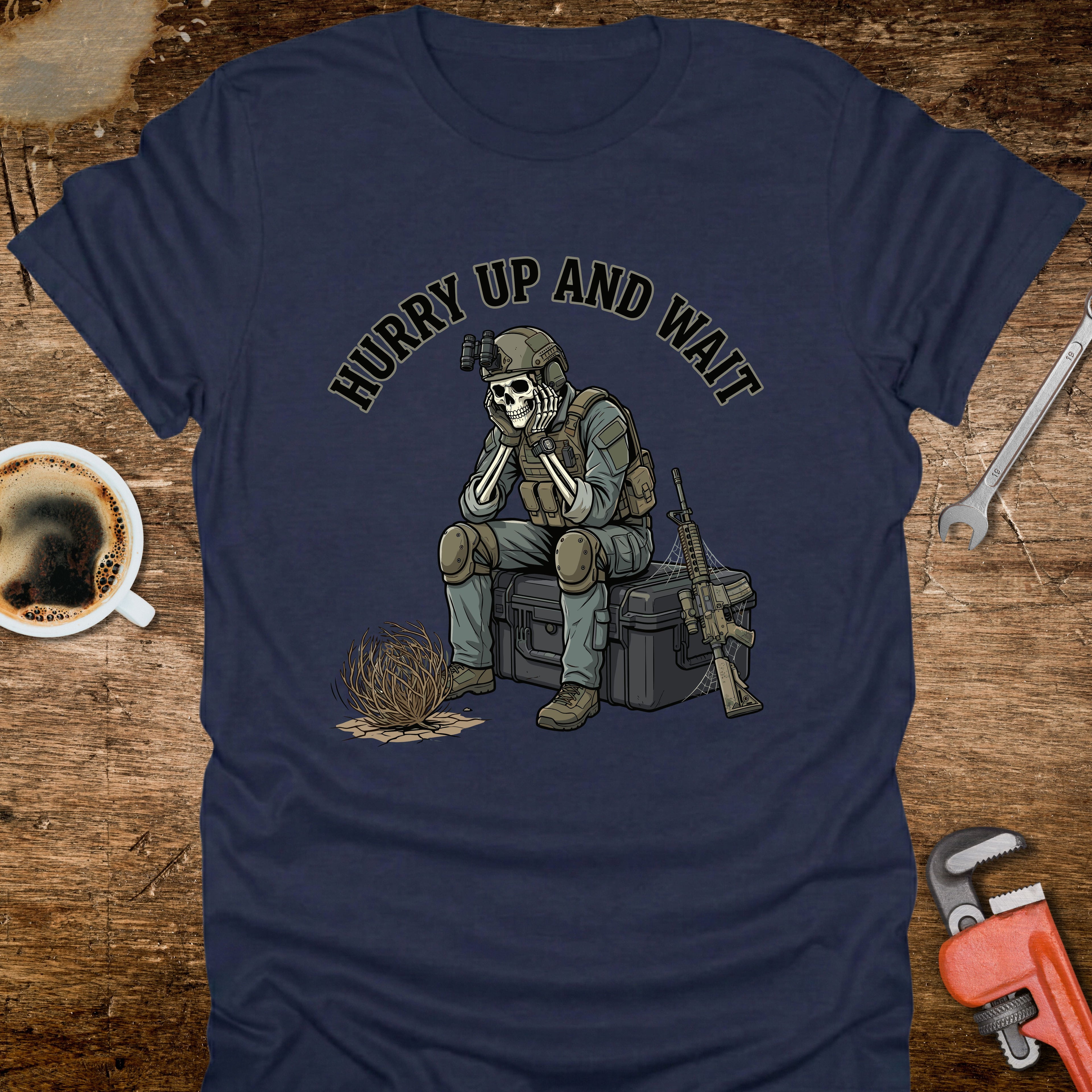 Hurry Up and Wait T-Shirt - detail shot graphic design