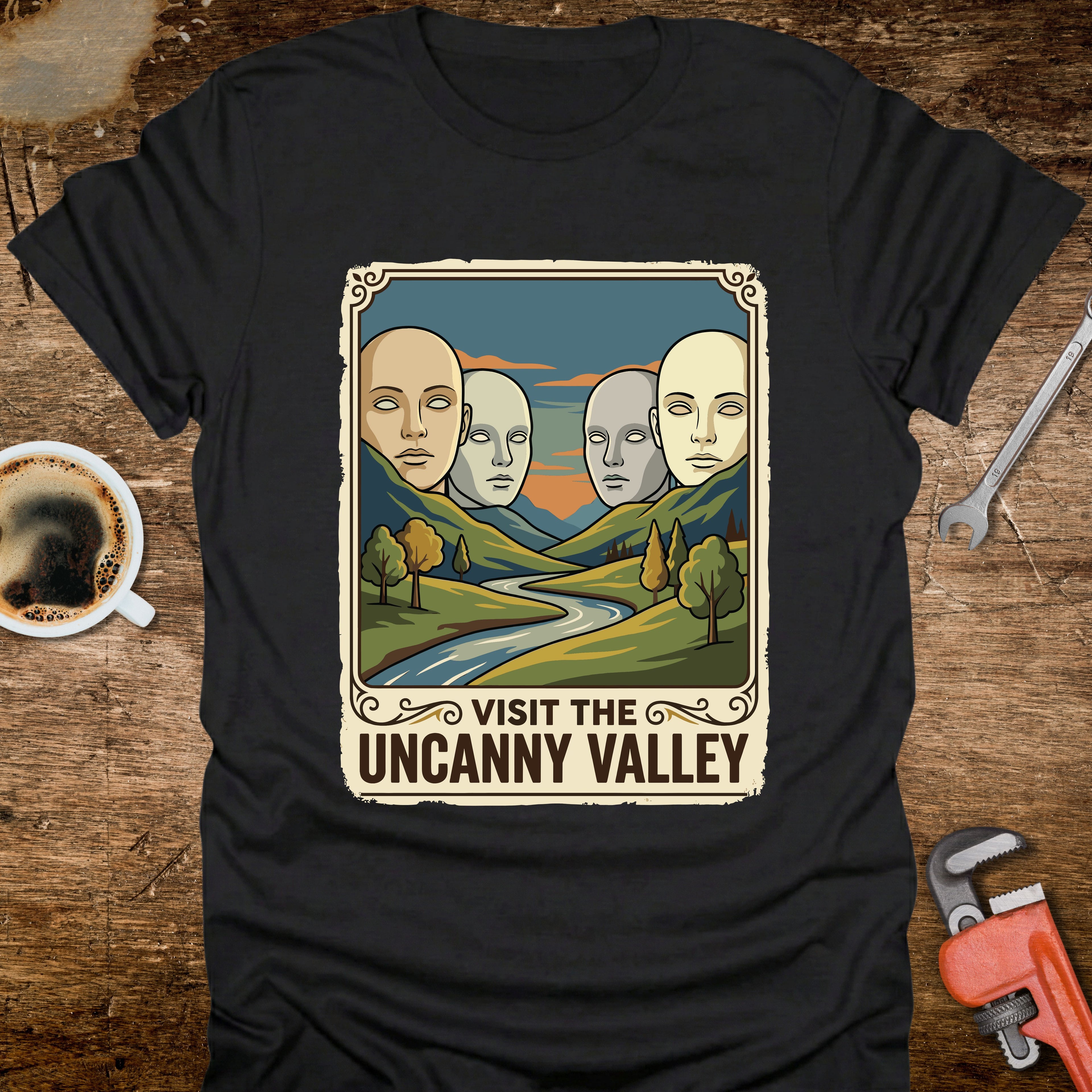 Uncanny Valley T-Shirt - flat lay mockup on white background
