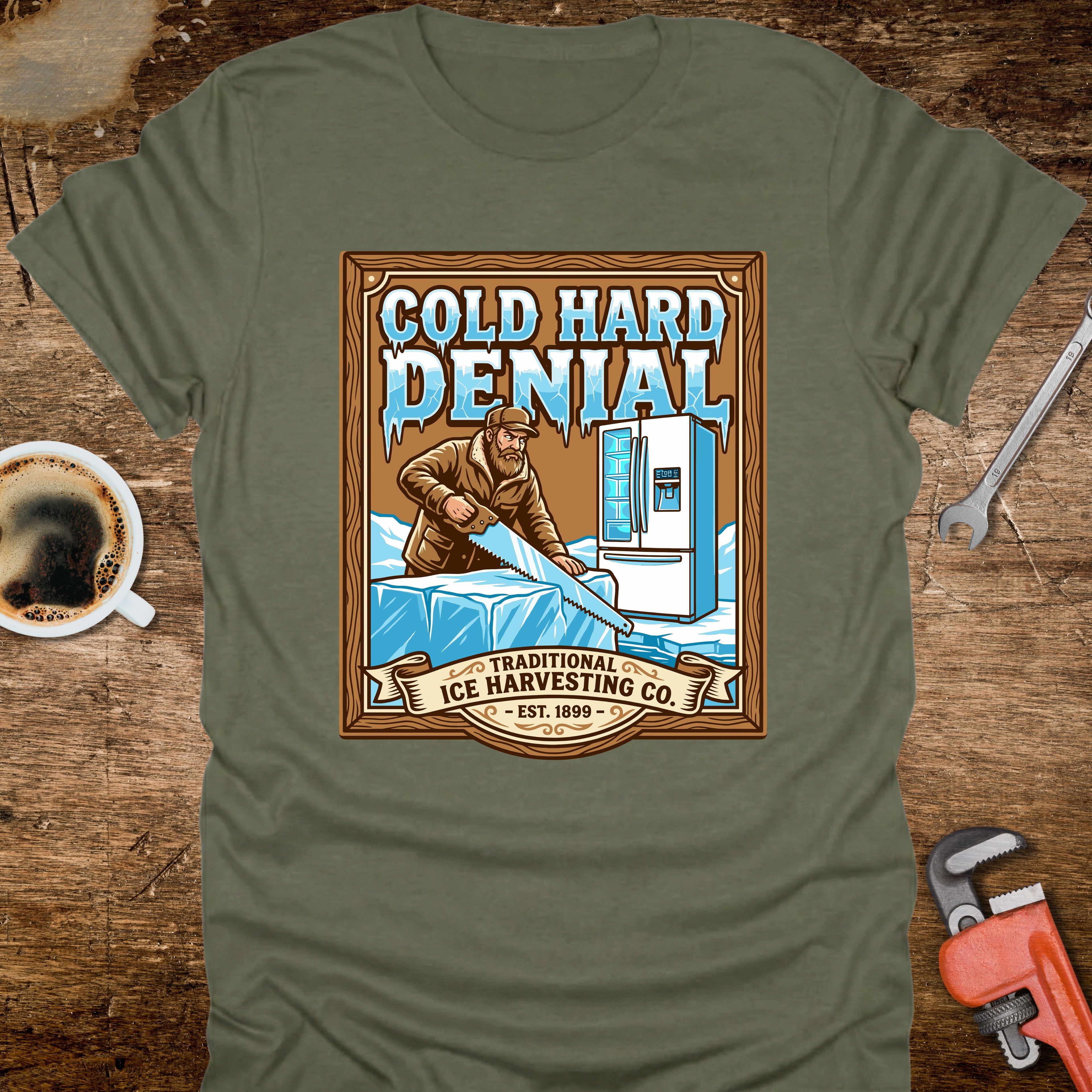 Cold Hard Denial Ice Harvesting T-Shirt - size and fit reference