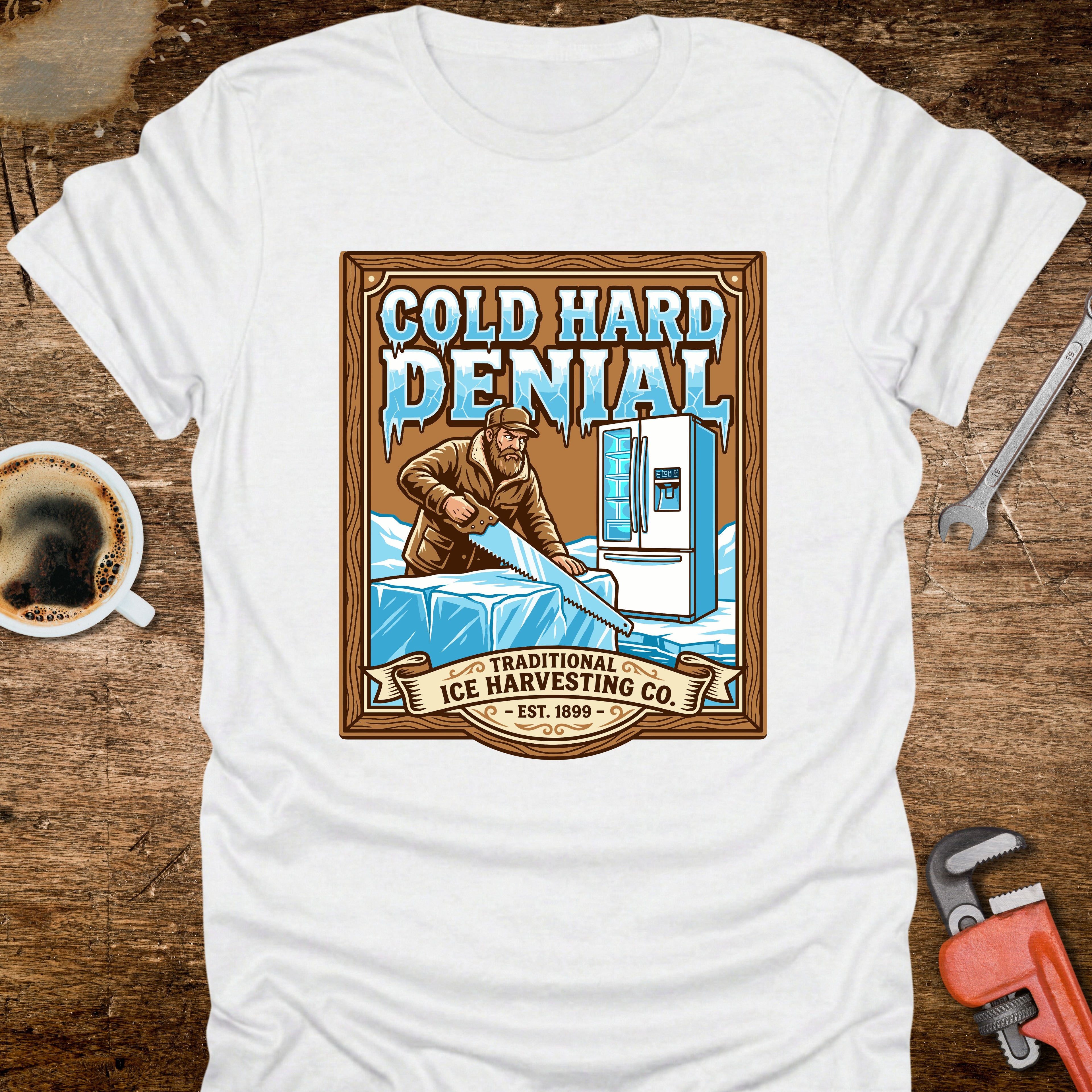 Cold Hard Denial Ice Harvesting T-Shirt - design detail closeup