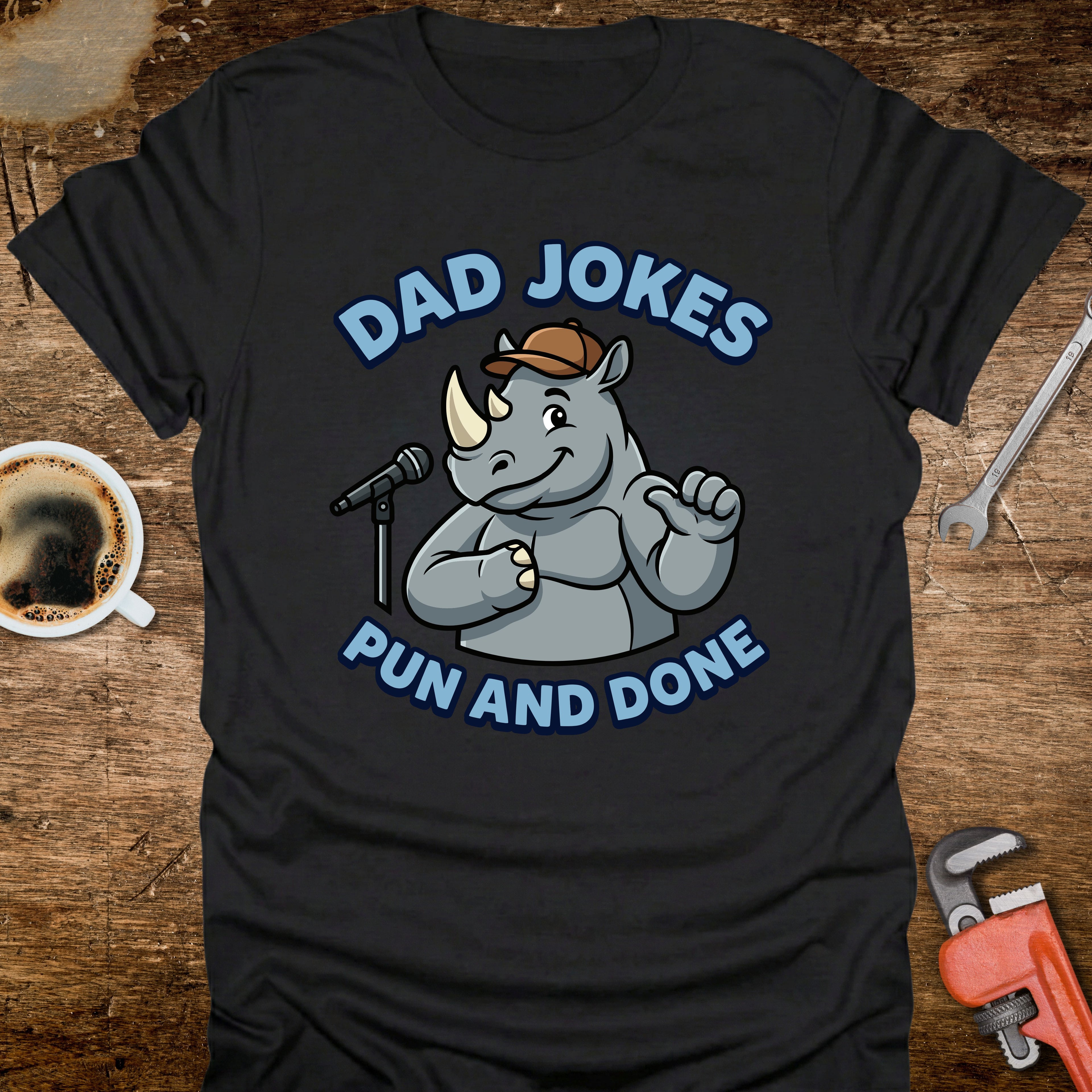Dad Jokes Pun and Done Rhino T-Shirt - design detail closeup