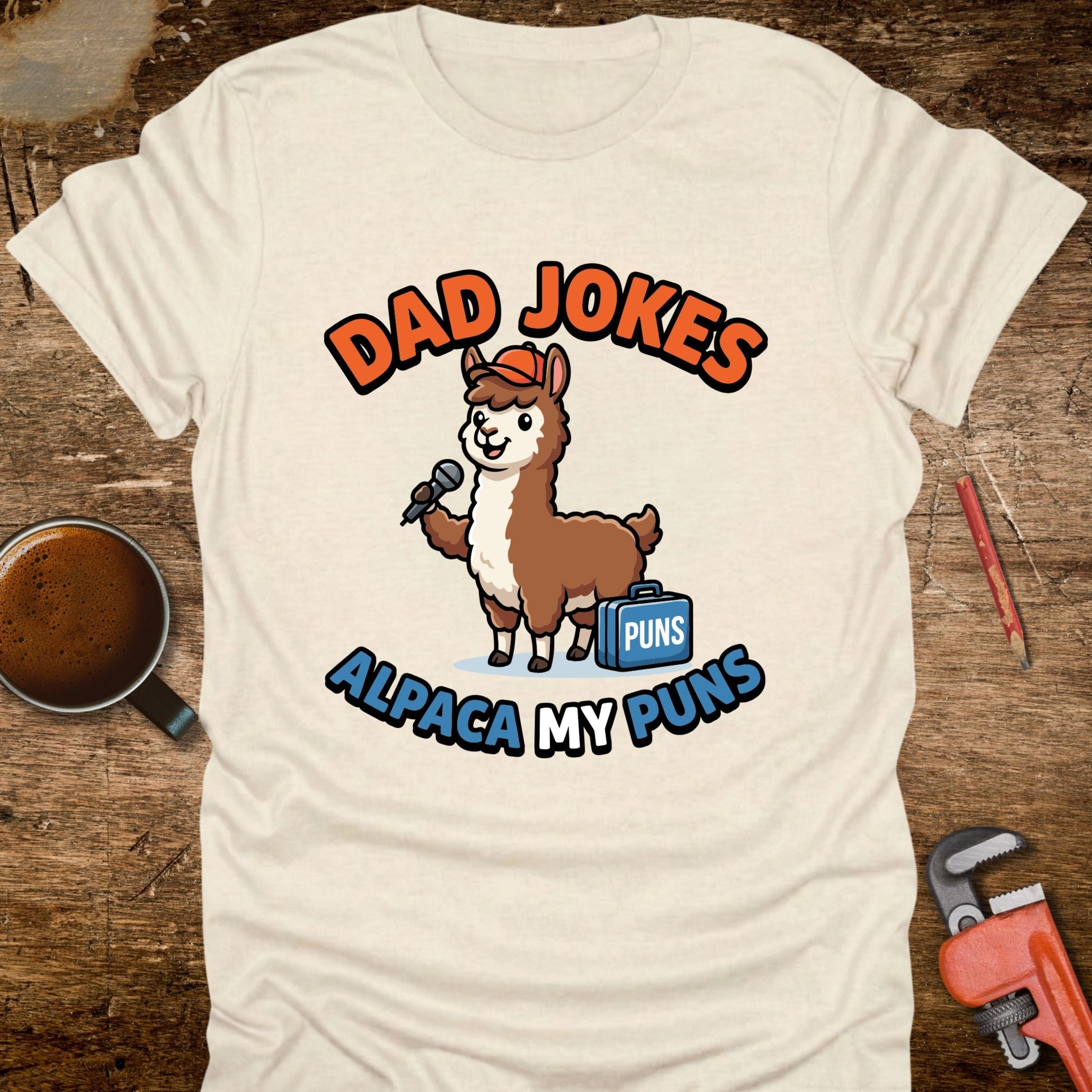 Dad Jokes Alpaca My Puns T-Shirt - front view funny graphic tee
