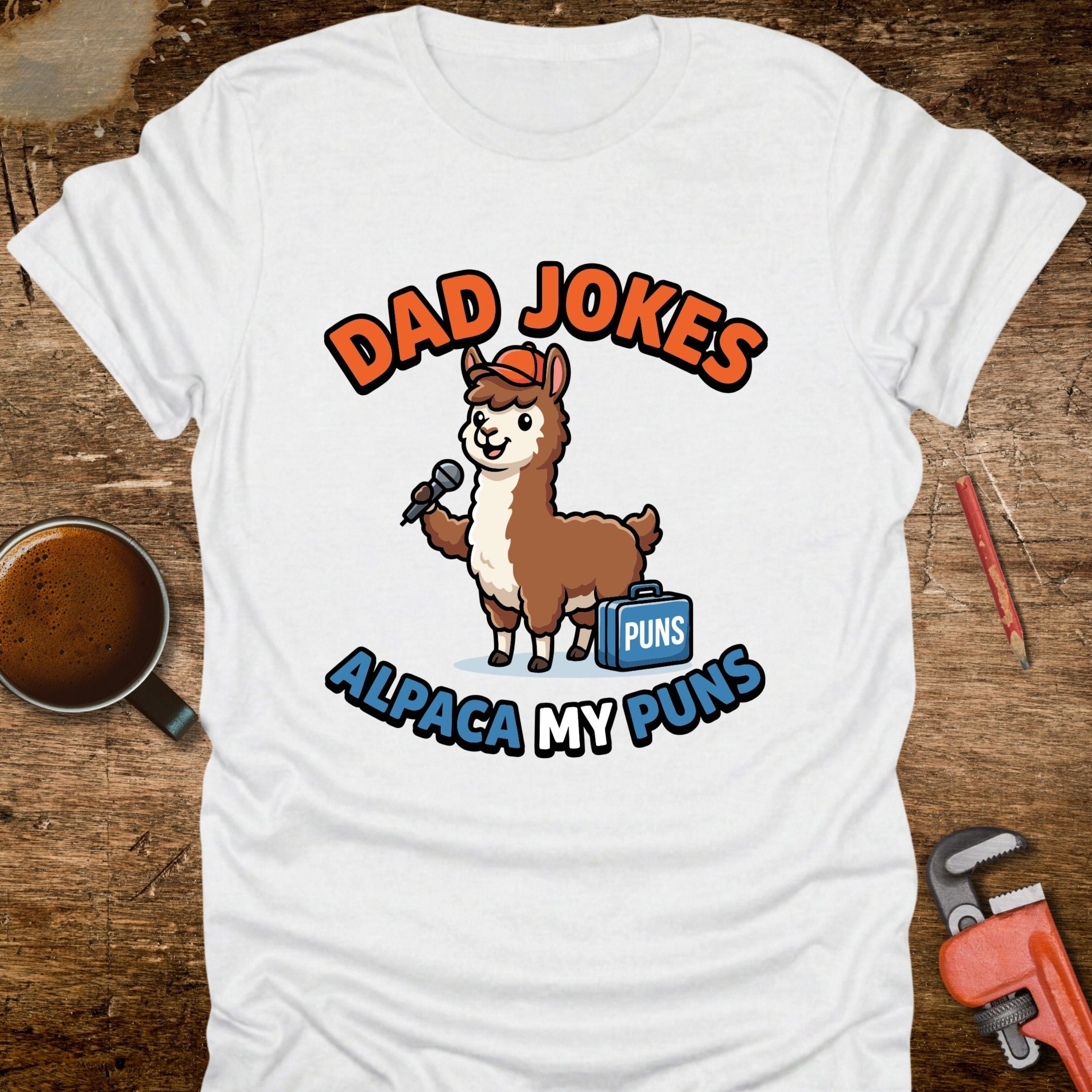 Dad Jokes Alpaca My Puns T-Shirt - flat lay mockup on white background