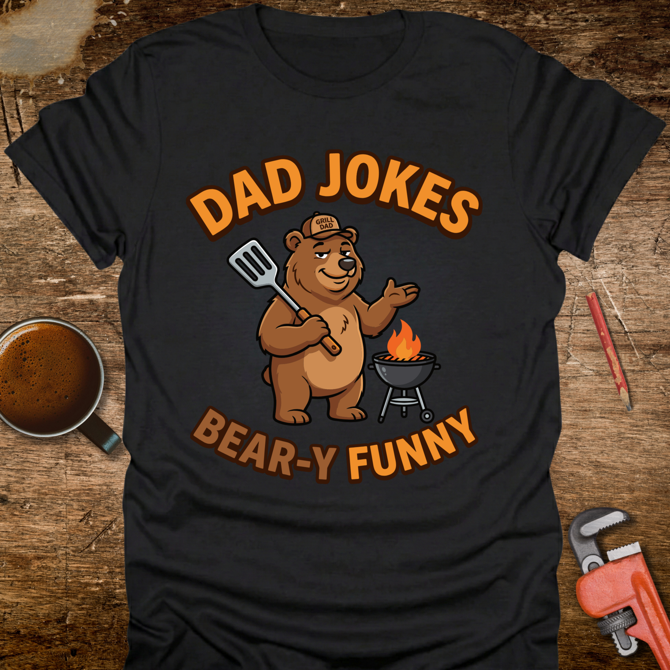 Dad Jokes Bear-y Funny T-Shirt - flat lay mockup on white background