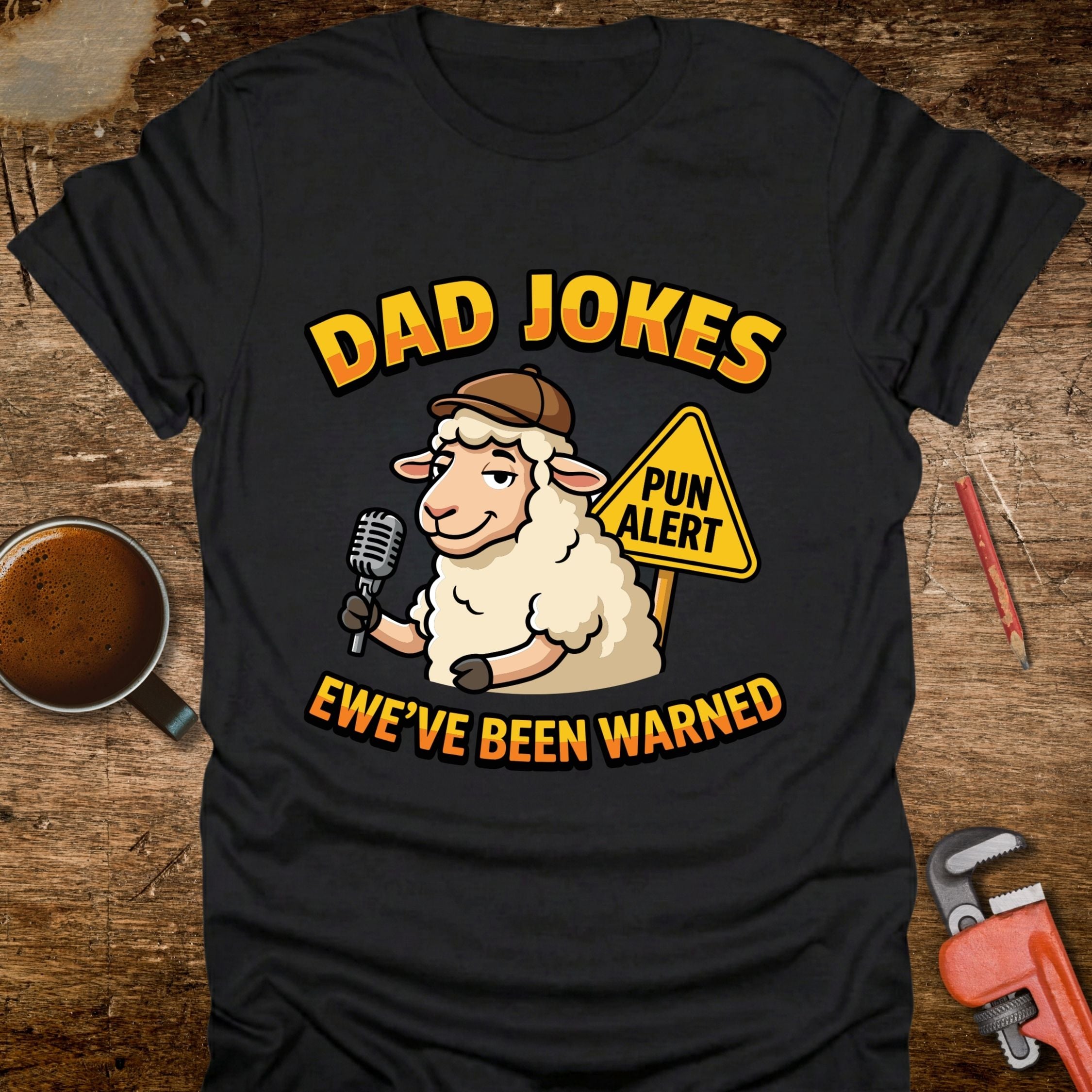 Dad Jokes Ewe've Been Warned T-Shirt - flat lay mockup on white background
