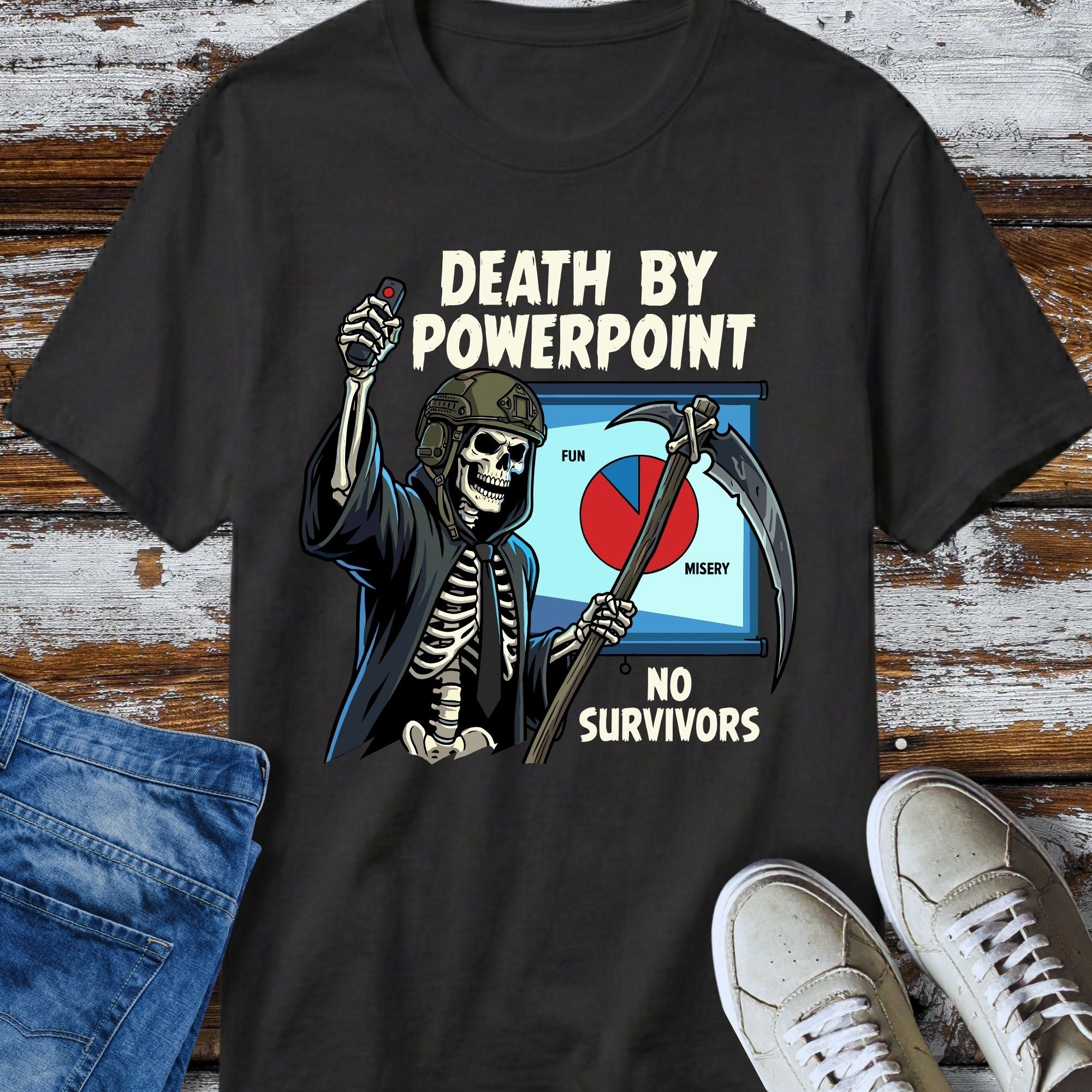 Death By PowerPoint T-Shirt - front view funny graphic tee