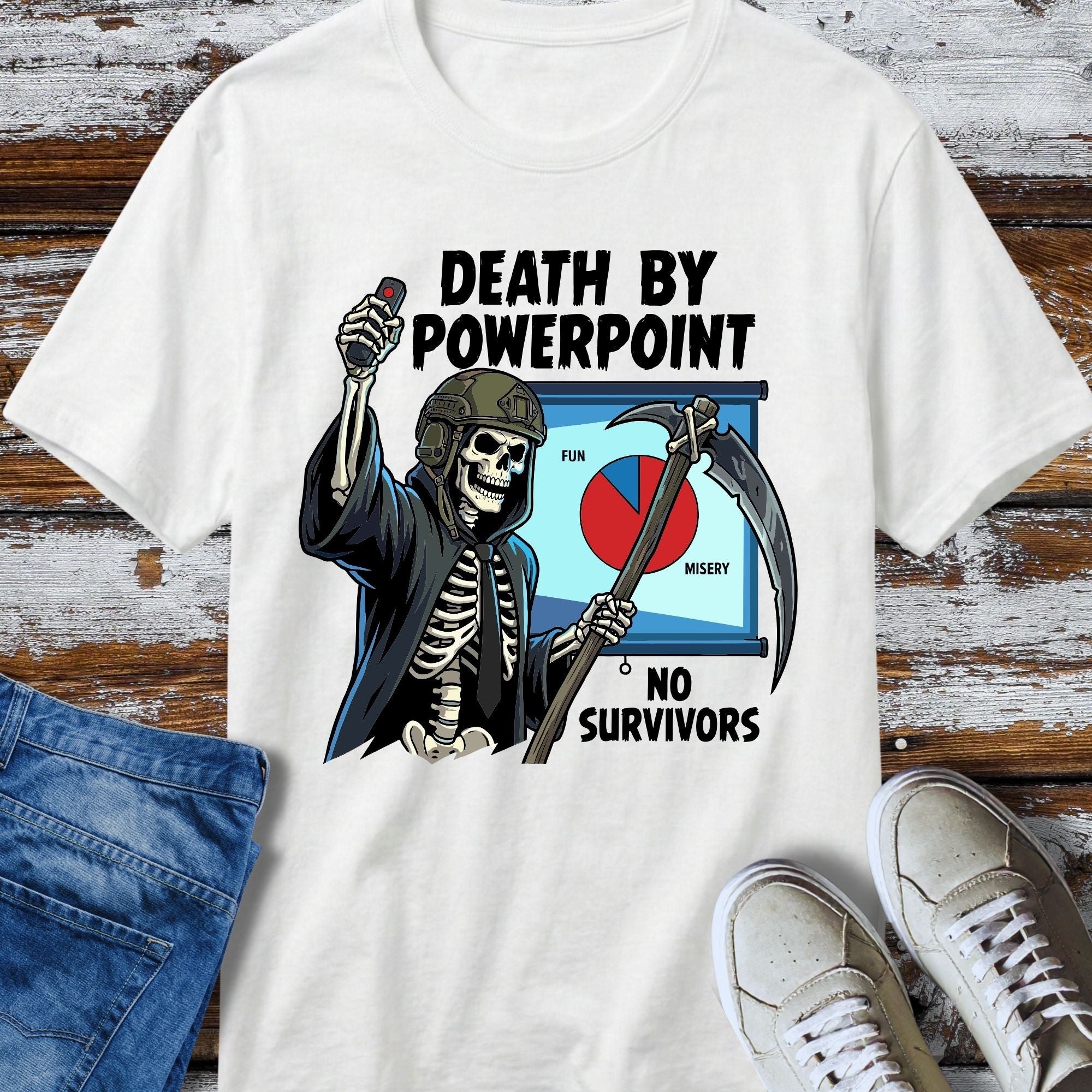 Death By PowerPoint T-Shirt - flat lay mockup on white background