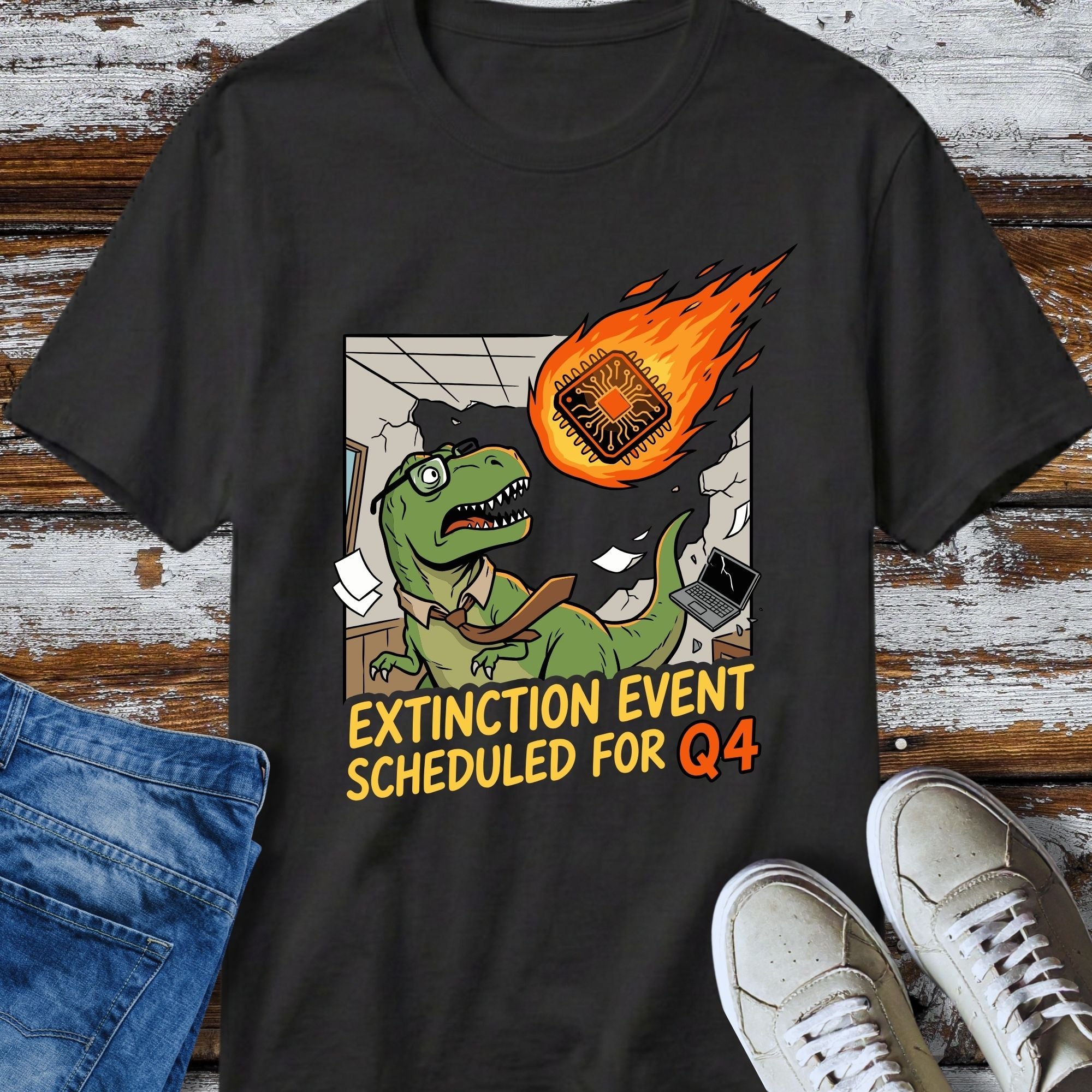 Extinction Event Scheduled For Q4 T-Shirt - flat lay mockup on white background