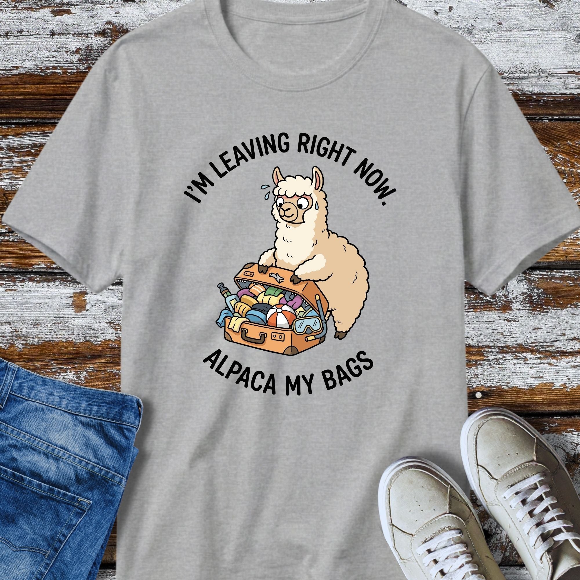 Alpaca My Bags T-Shirt - flat lay mockup on white background