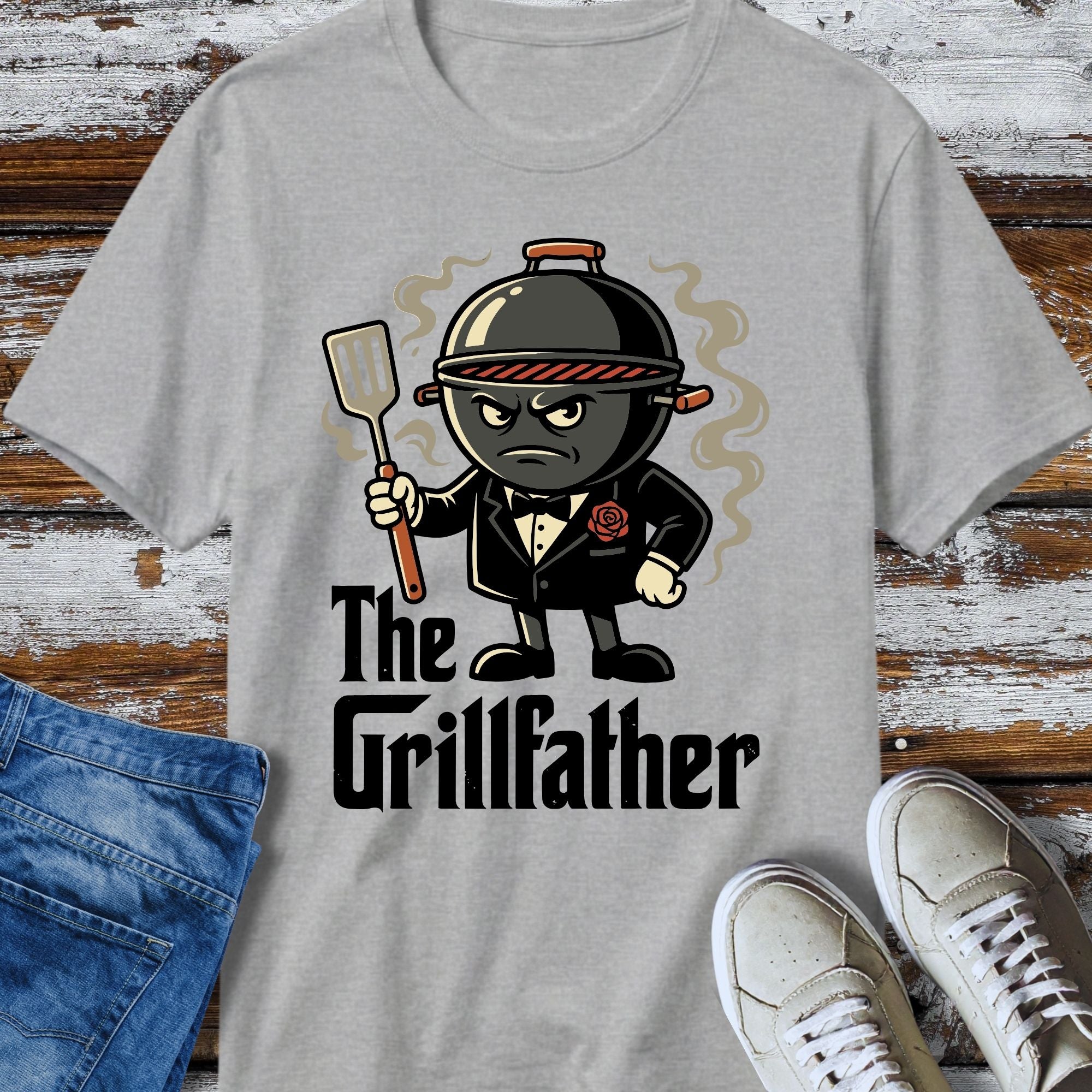 The Grillfather T-Shirt - flat lay mockup on white background