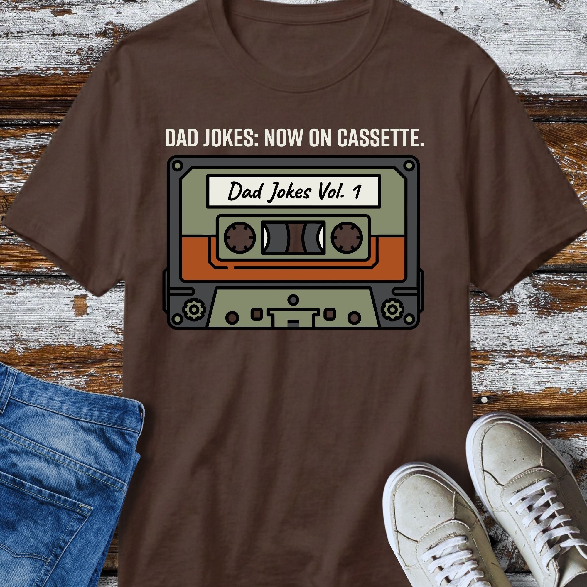 Dad Jokes Vol. 1 Cassette T-Shirt - flat lay mockup on white background