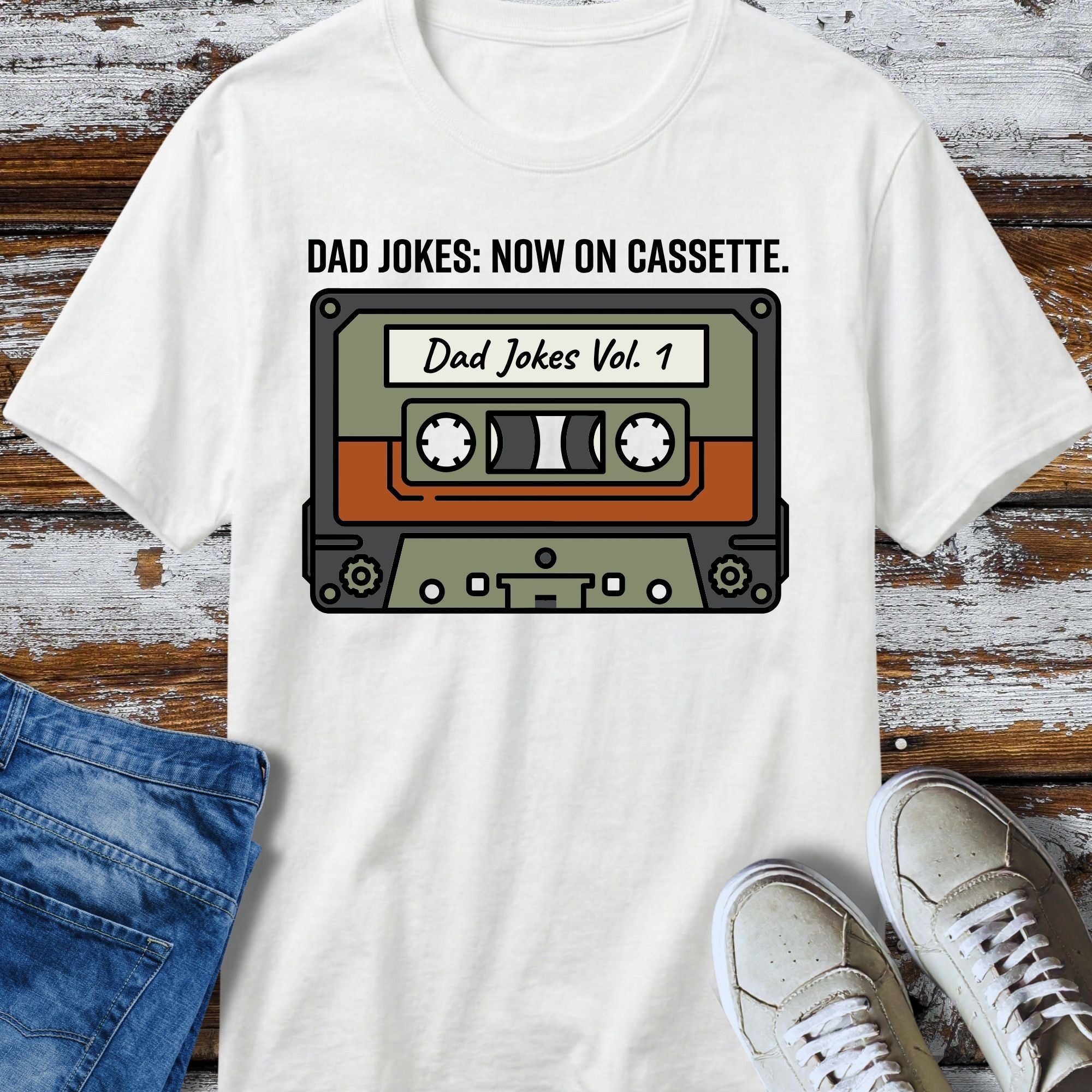 Dad Jokes Vol. 1 Cassette T-Shirt - front view funny graphic tee