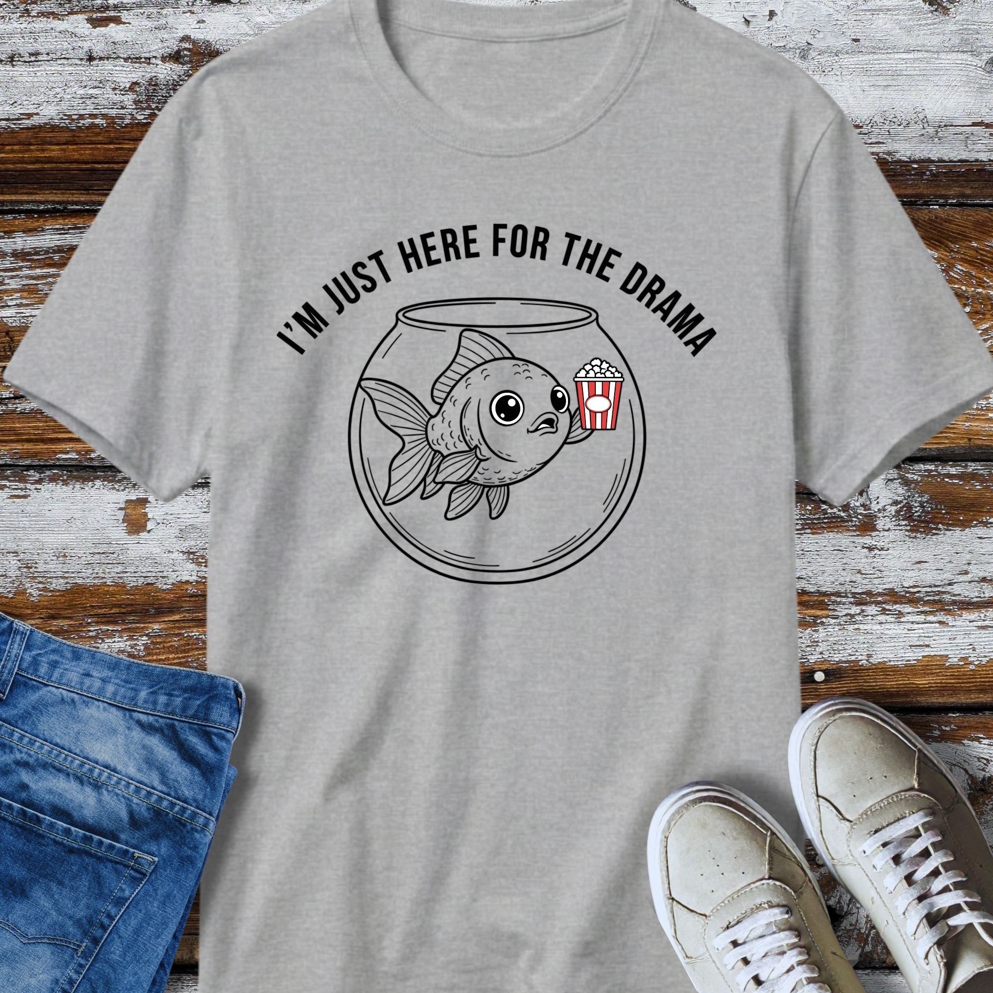 Just Here for the Drama TShirt - flat lay mockup on white background