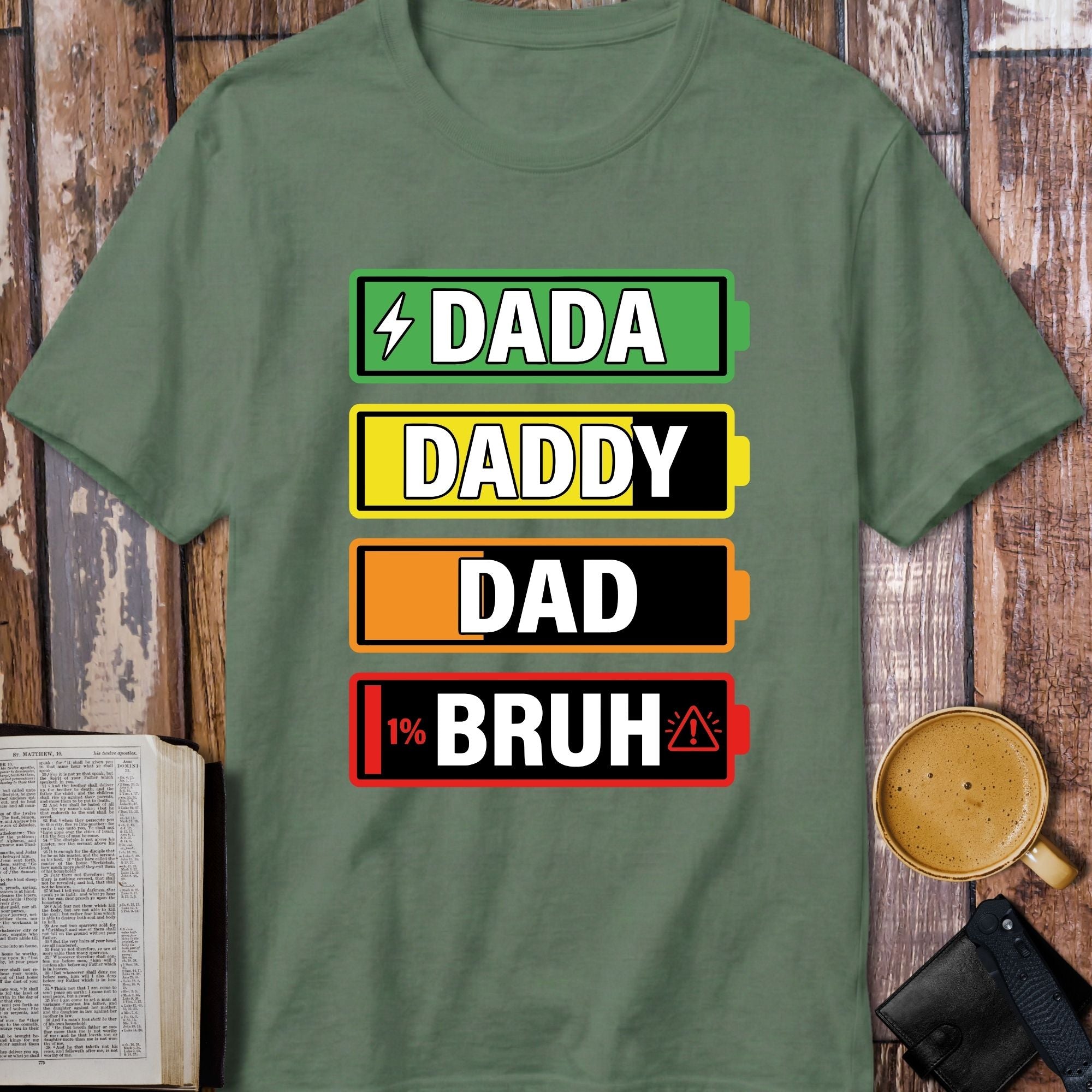 Dada Daddy Dad Bruh Battery Level T-Shirt - size and fit reference