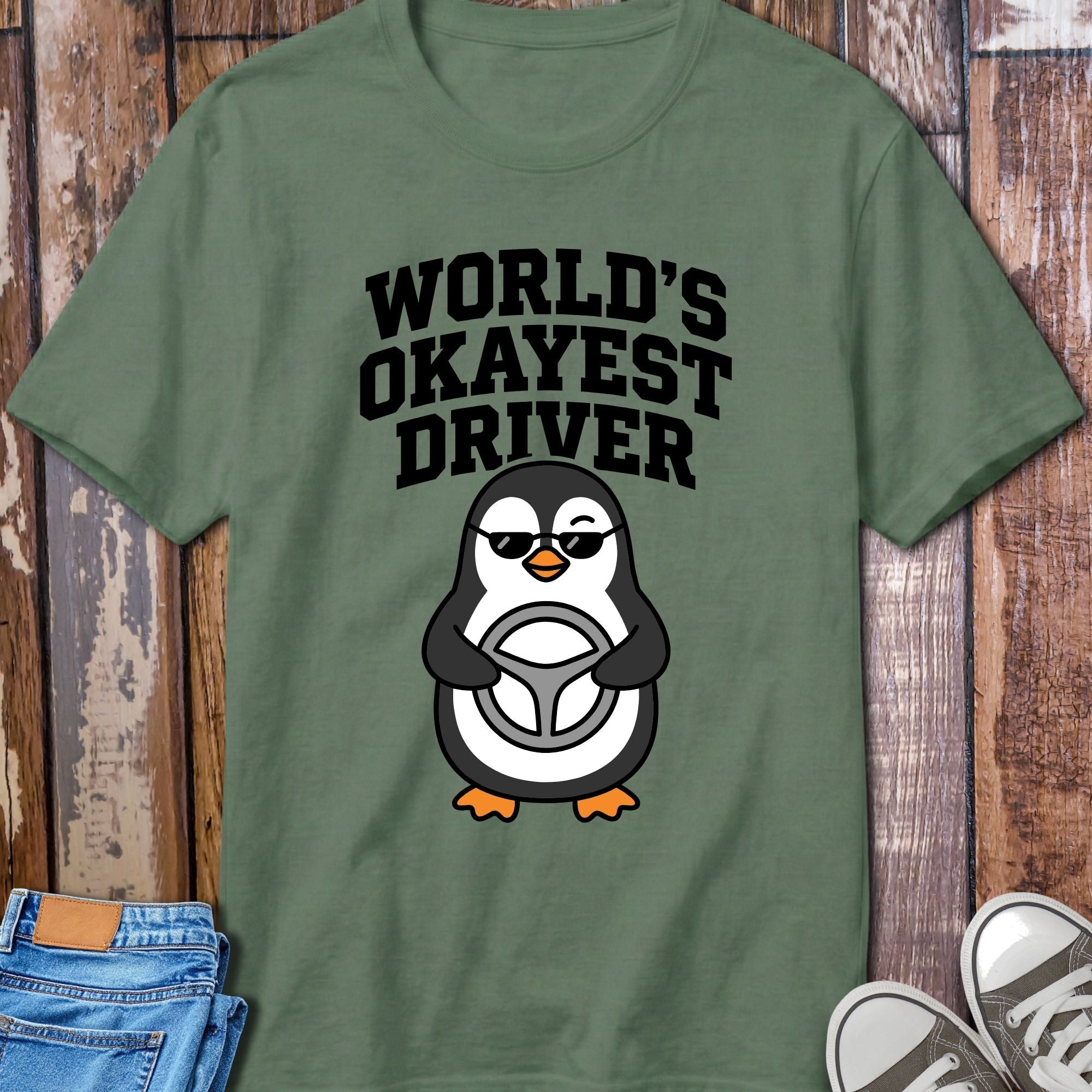 World's Okayest Driver T-Shirt - design detail closeup