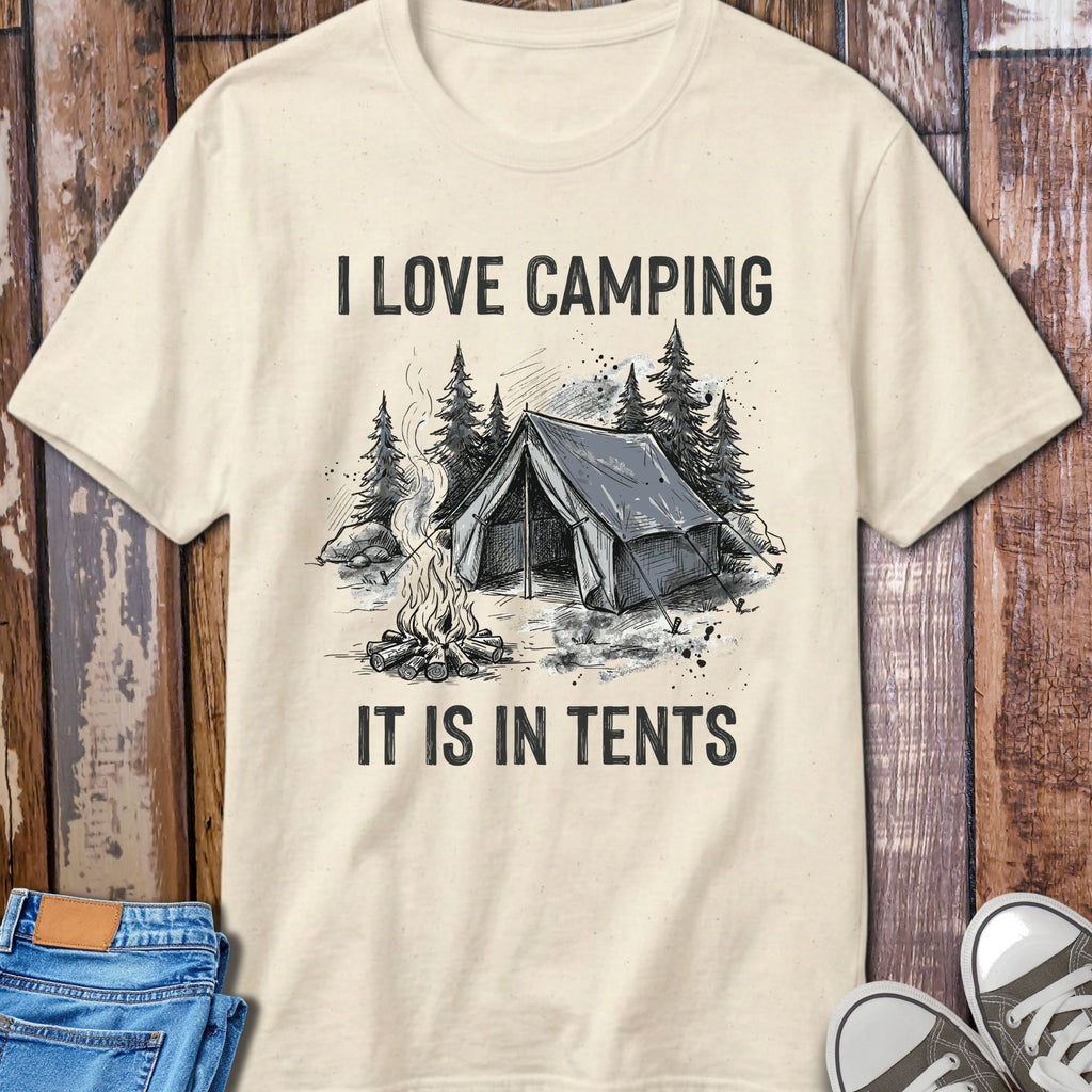 In Tents Camping T-Shirt - flat lay mockup on white background