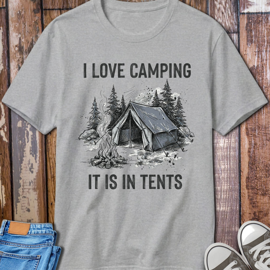 In Tents Camping T-Shirt - front view funny graphic tee
